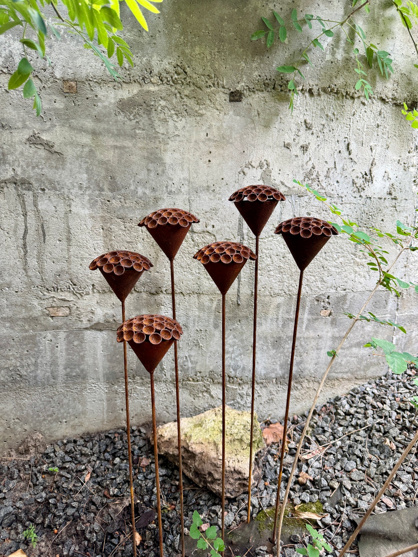Set of 6 Rusty Metal Flowers - Sculptural Garden Stakes and Unique Yard Art