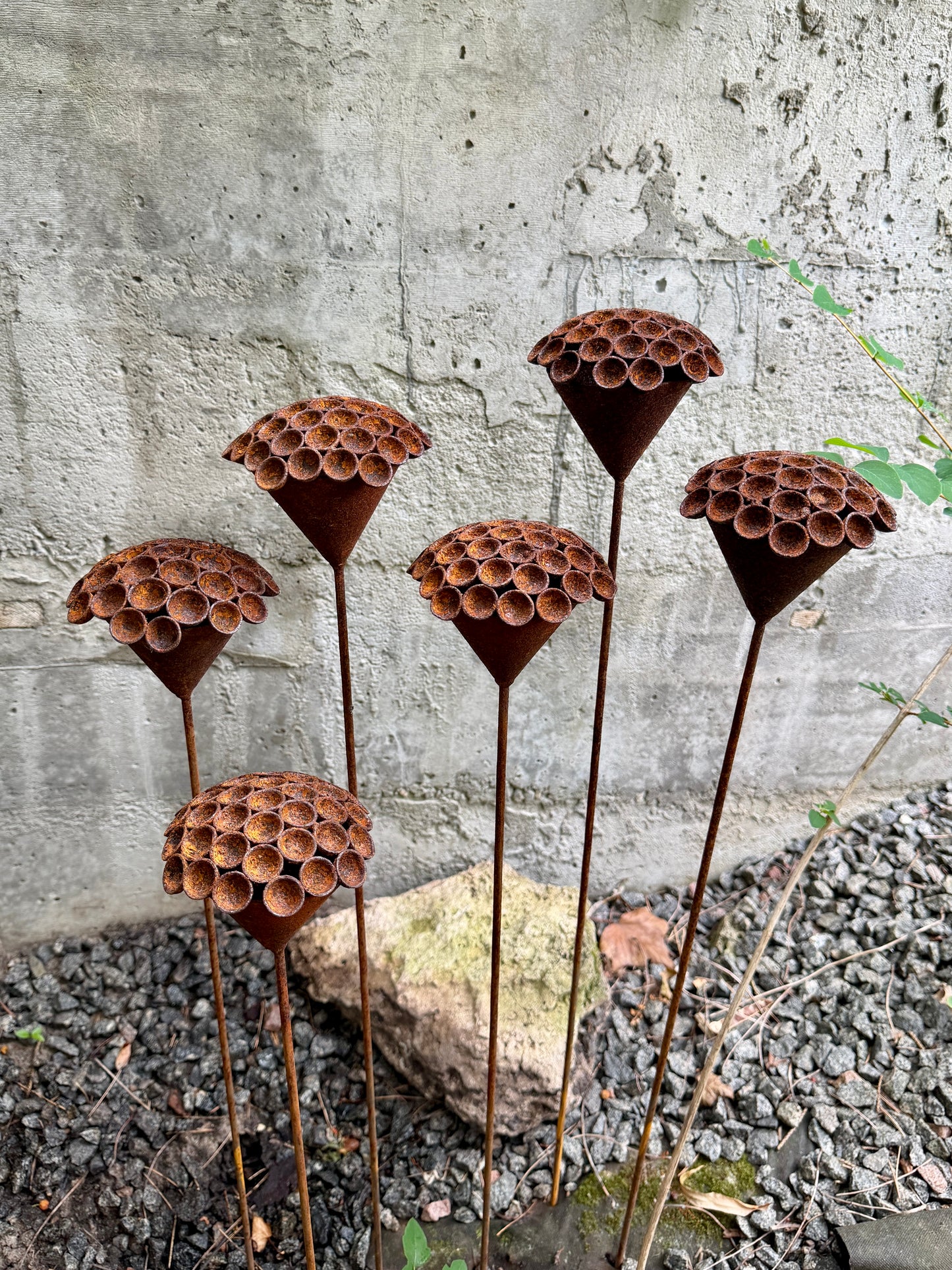 Set of 6 Rusty Metal Flowers - Sculptural Garden Stakes and Unique Yard Art