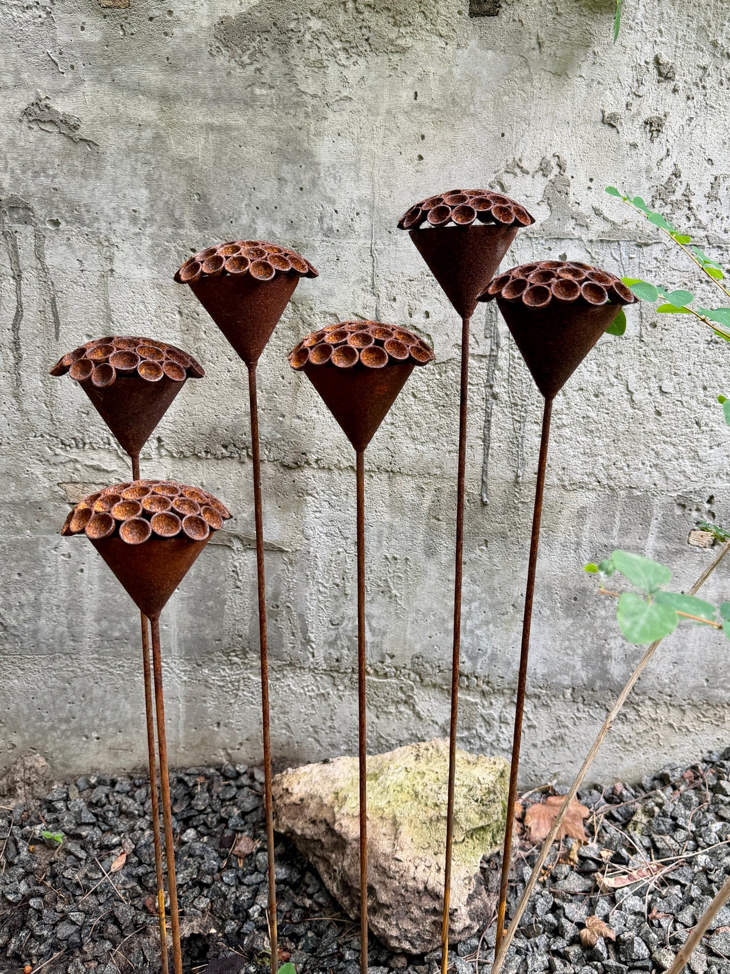 Set of 6 Rusty Metal Flowers - Sculptural Garden Stakes and Unique Yard Art