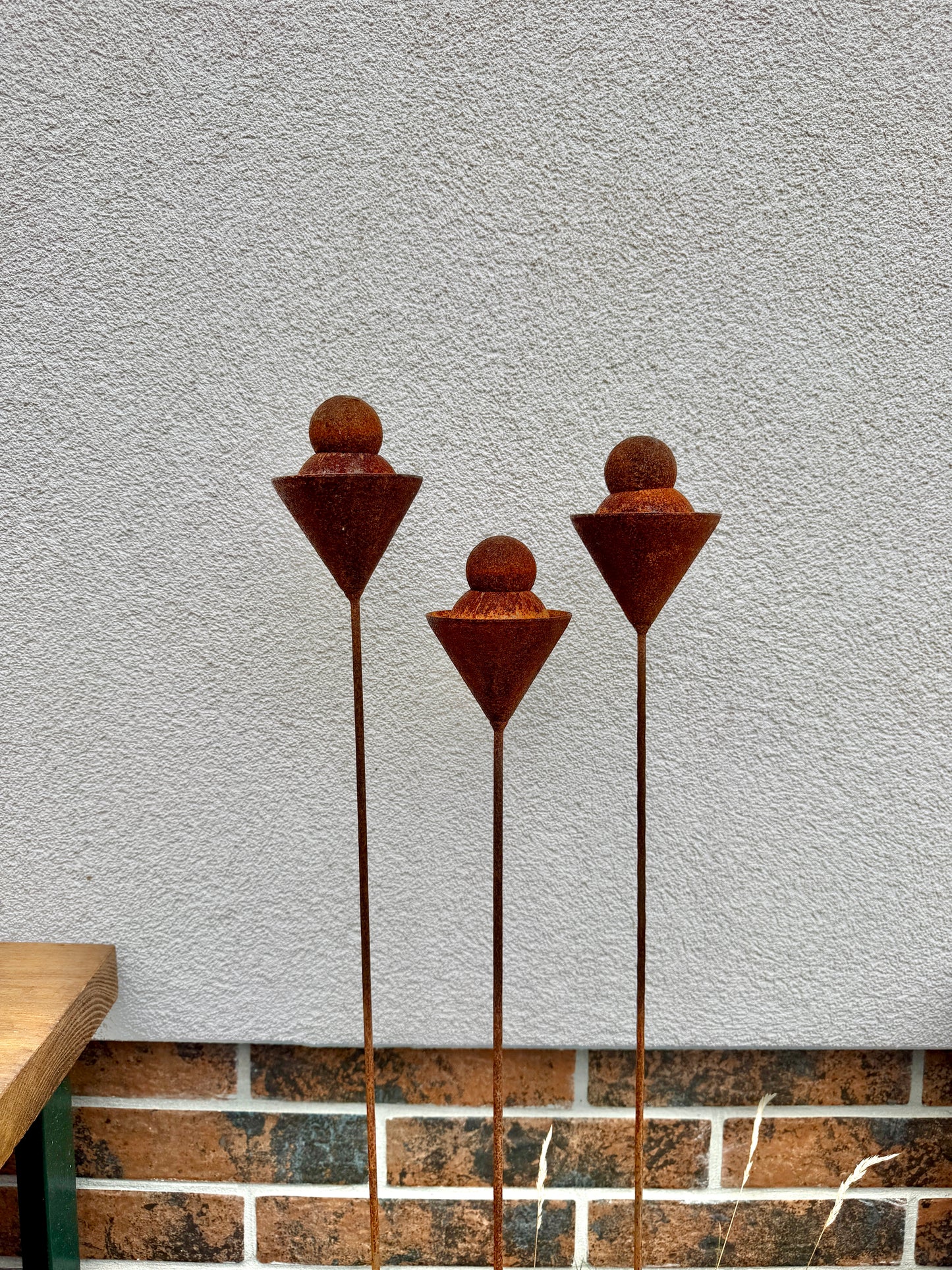 Set of 3 Rusty Metal Geometric Finials - Sculptural Garden Stakes and Modern Yard Art