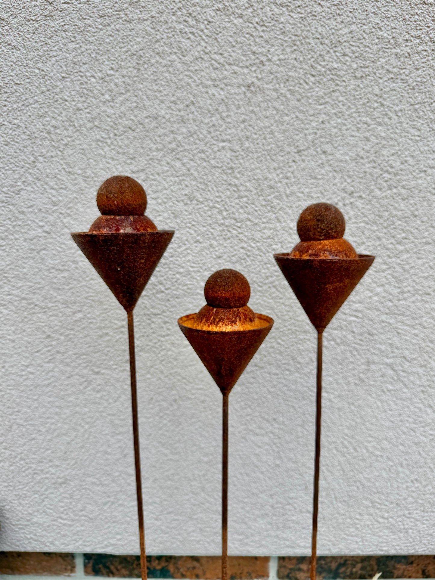 Set of 3 Rusty Metal Geometric Finials - Sculptural Garden Stakes and Modern Yard Art