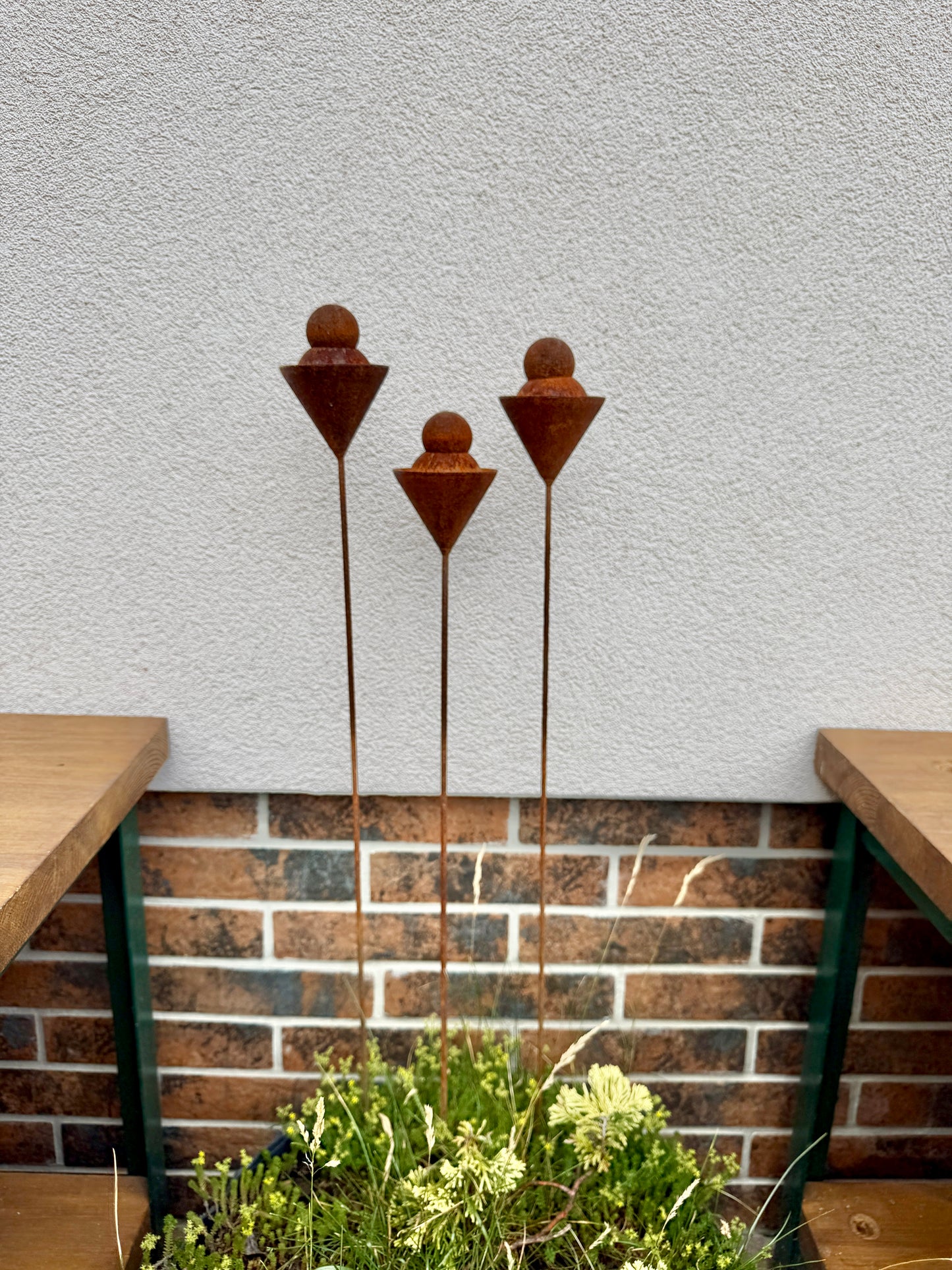 Set of 3 Rusty Metal Geometric Finials - Sculptural Garden Stakes and Modern Yard Art