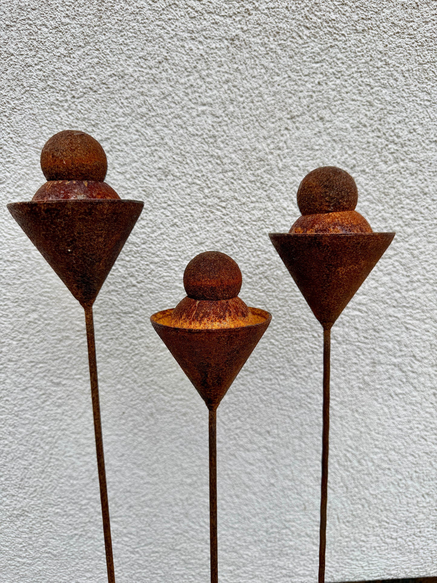 Set of 3 Rusty Metal Geometric Finials - Sculptural Garden Stakes and Modern Yard Art