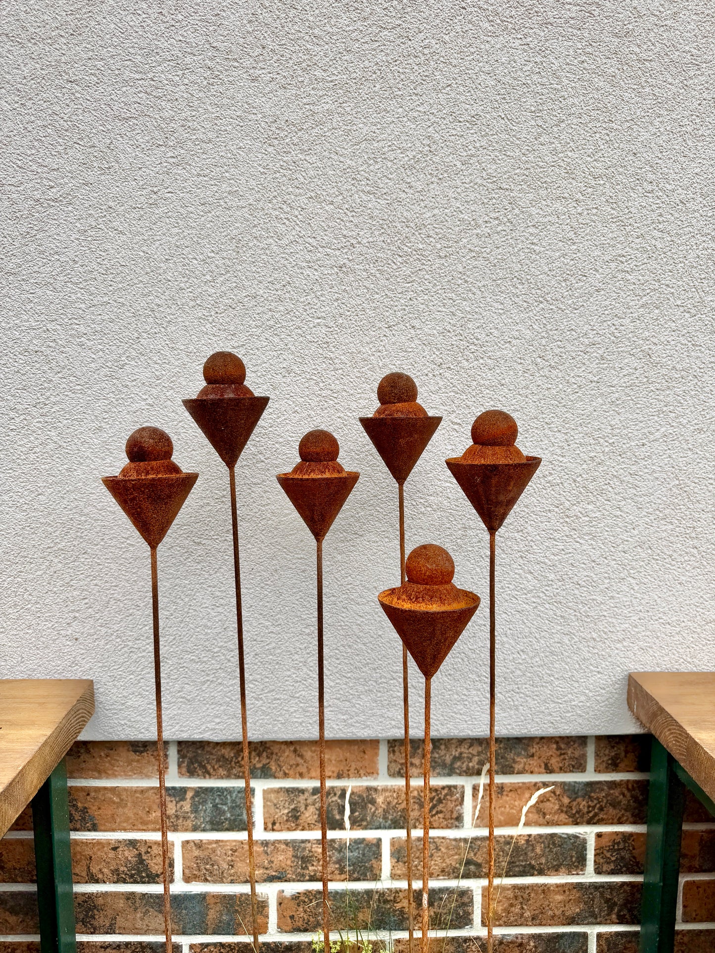 Set of 6 Rusty Metal Geometric Finials - Sculptural Garden Stakes and Modern Yard Art