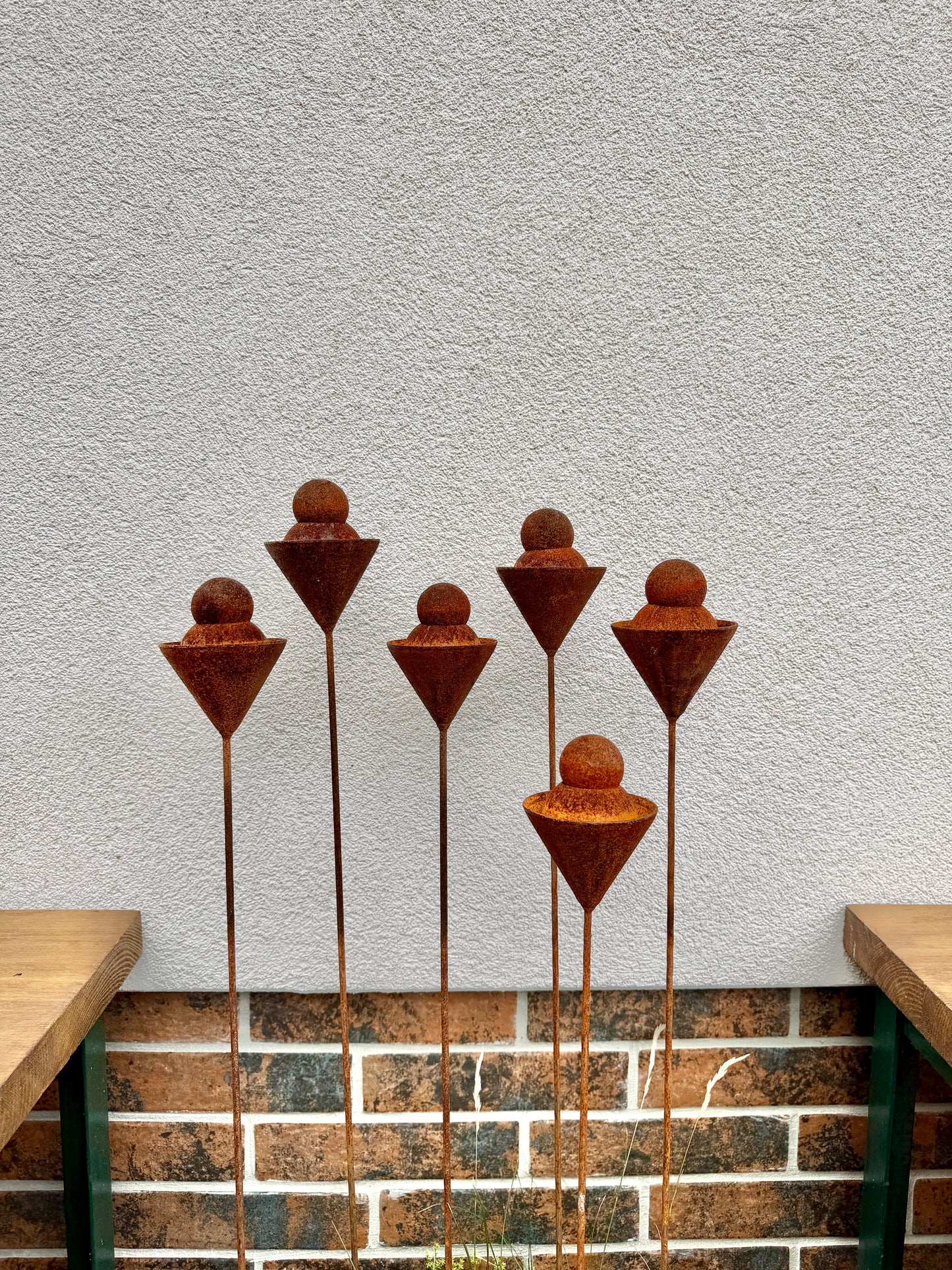 Set of 6 Rusty Metal Geometric Finials - Sculptural Garden Stakes and Modern Yard Art