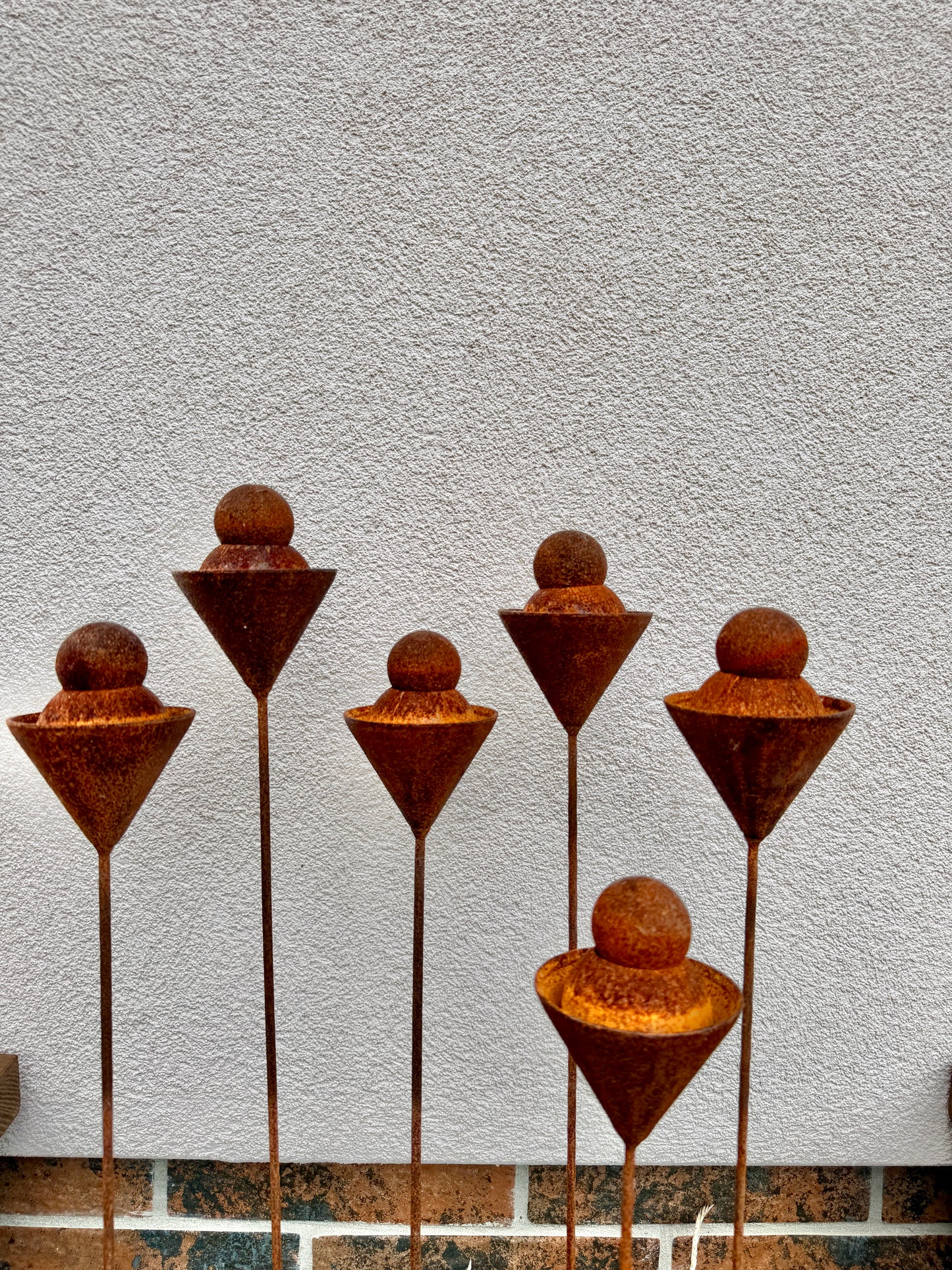 Set of 6 Rusty Metal Geometric Finials - Sculptural Garden Stakes and Modern Yard Art