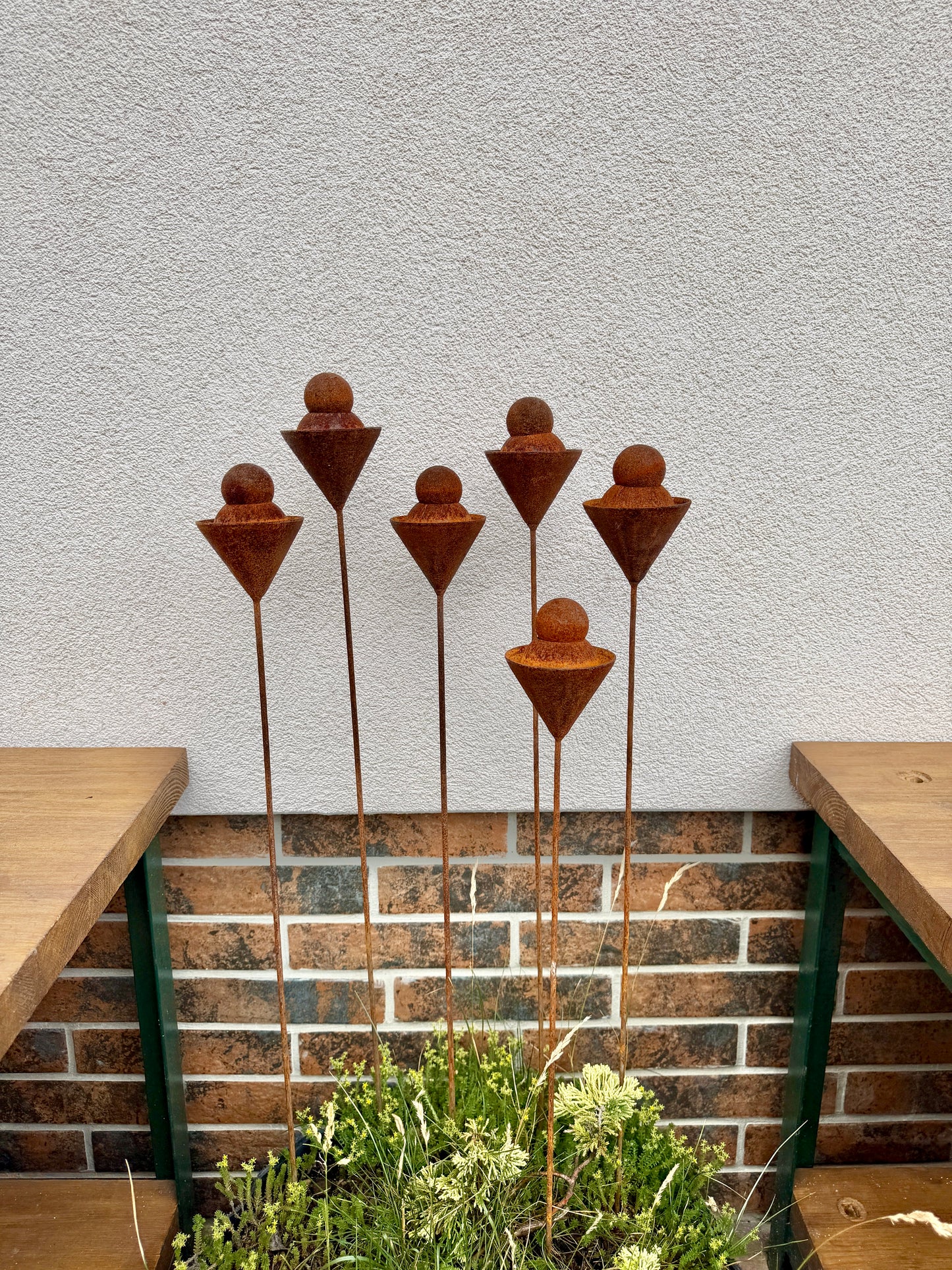 Set of 6 Rusty Metal Geometric Finials - Sculptural Garden Stakes and Modern Yard Art