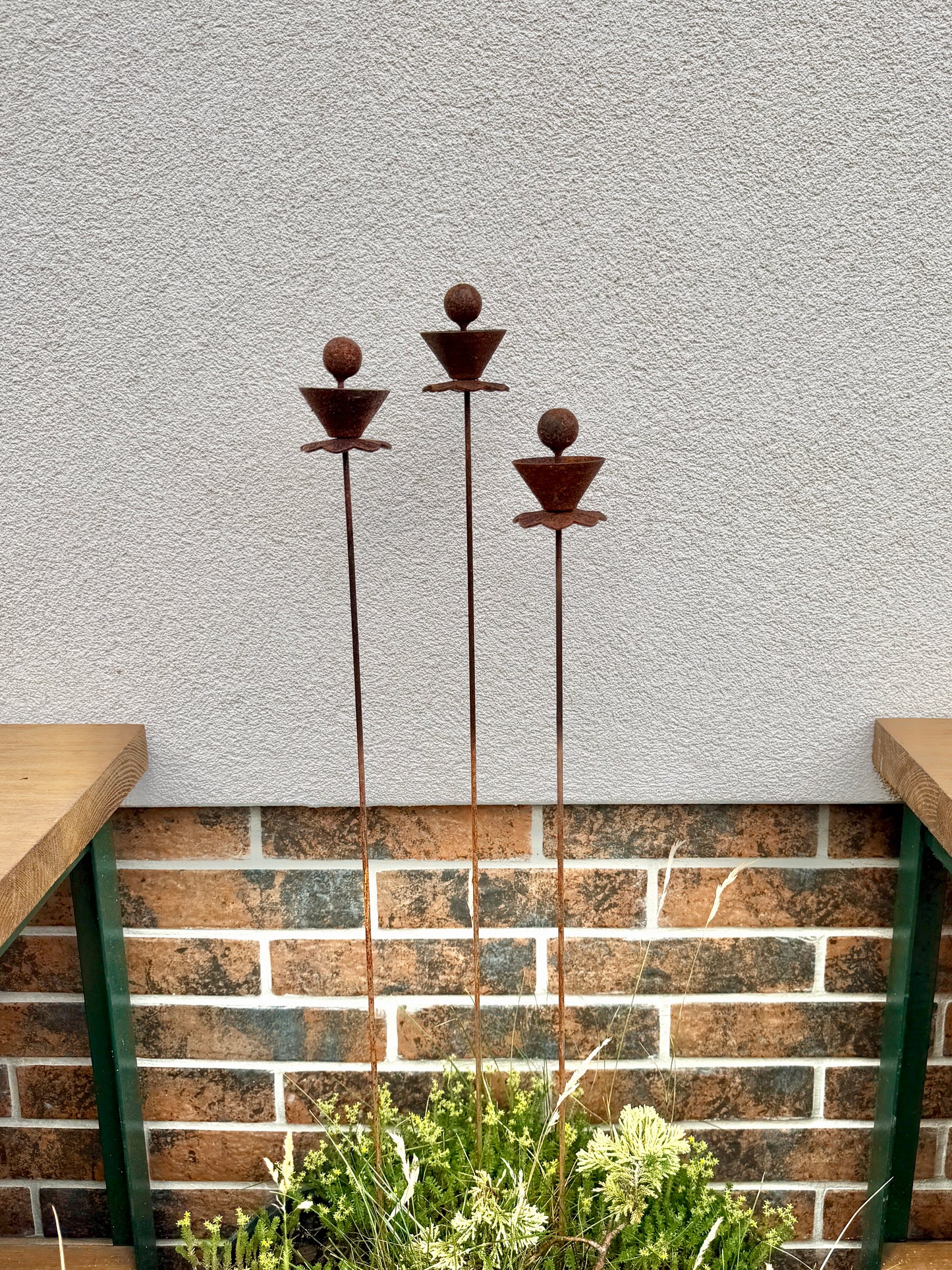 Abstract Rusty Metal Flowers with Spheres - Sculptural Garden Stakes and Rustic Yard Art