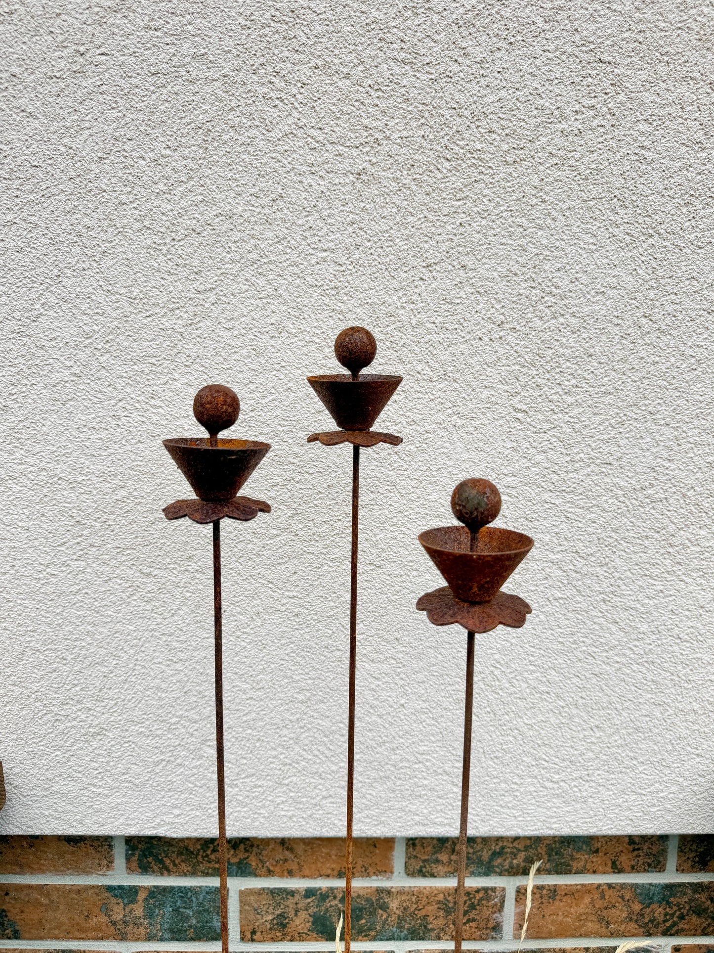 Abstract Rusty Metal Flowers with Spheres - Sculptural Garden Stakes and Rustic Yard Art