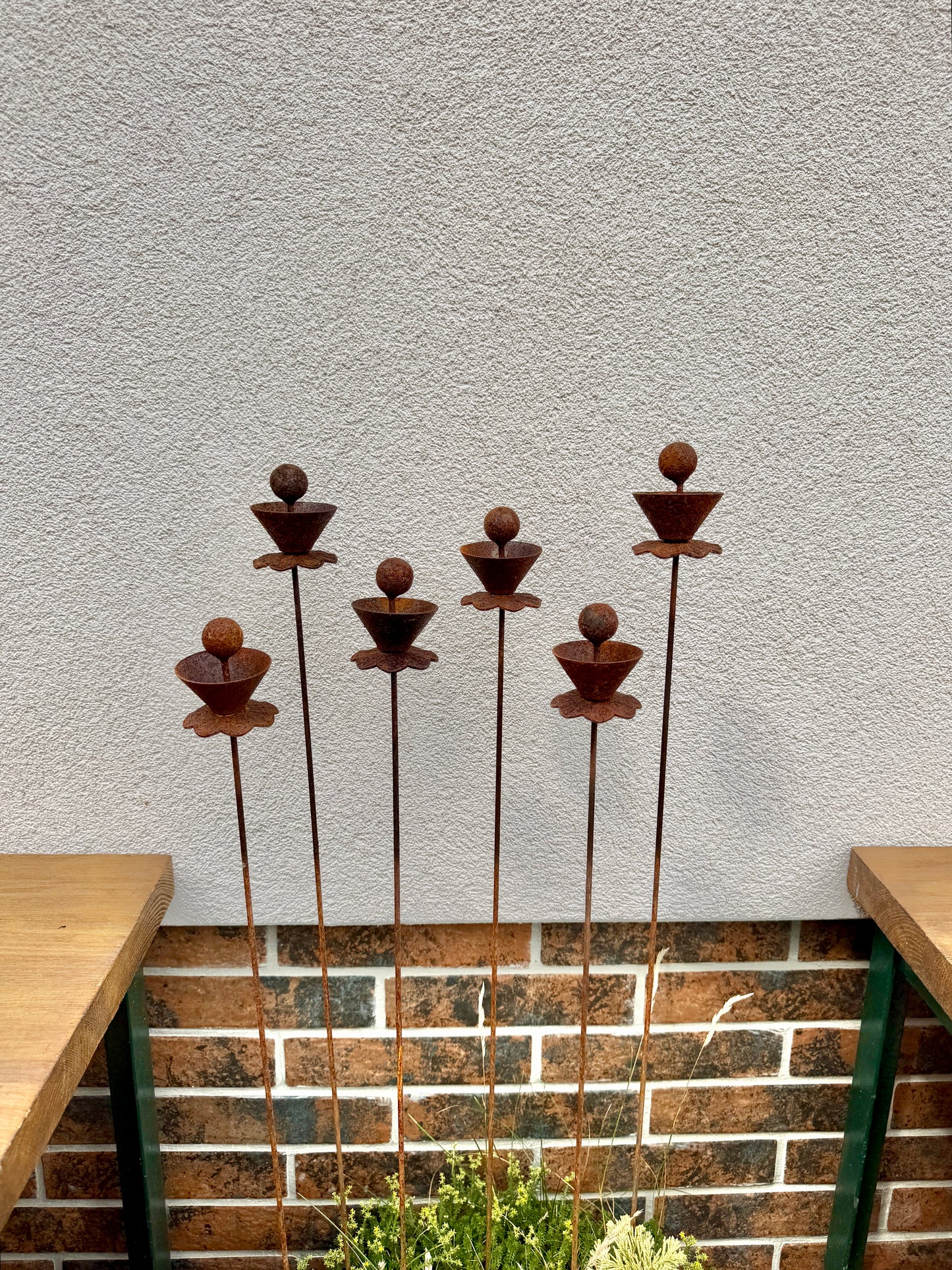 Abstract Rusty Metal Flowers with Spheres - Sculptural Garden Stakes and Rustic Yard Art