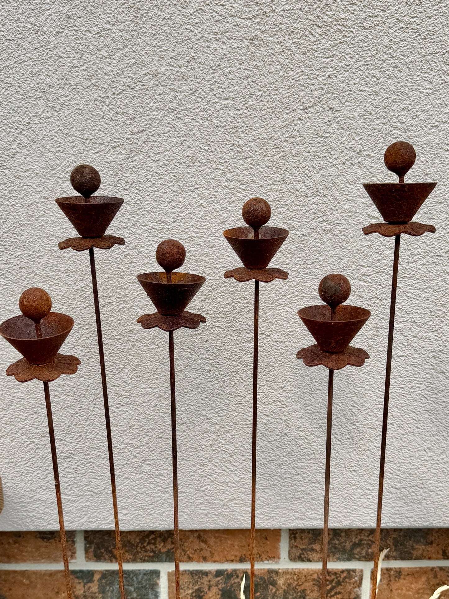 Abstract Rusty Metal Flowers with Spheres - Sculptural Garden Stakes and Rustic Yard Art