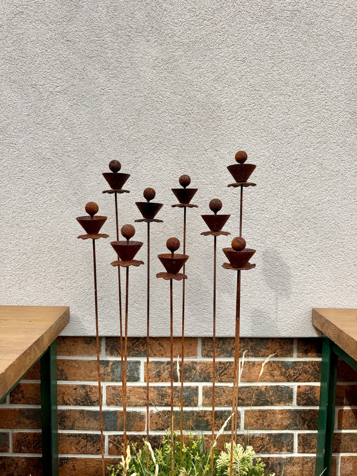 Abstract Rusty Metal Flowers with Spheres - Sculptural Garden Stakes and Rustic Yard Art