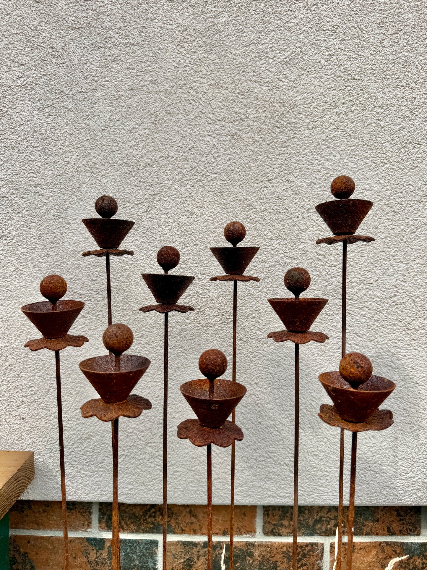 Abstract Rusty Metal Flowers with Spheres - Sculptural Garden Stakes and Rustic Yard Art