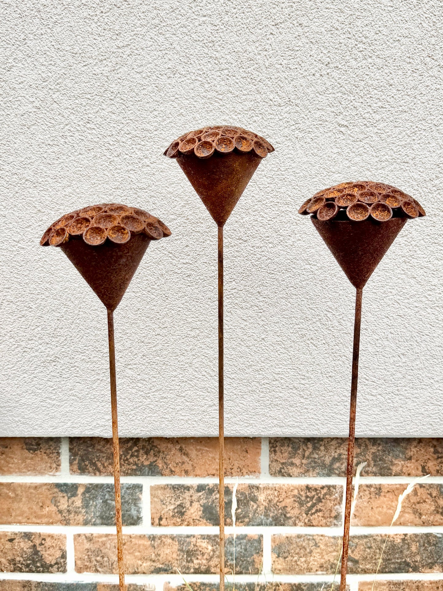 Set of 3 Rusty Metal Exotic Flowers - Sculptural Garden Stakes and Unique Yard Art