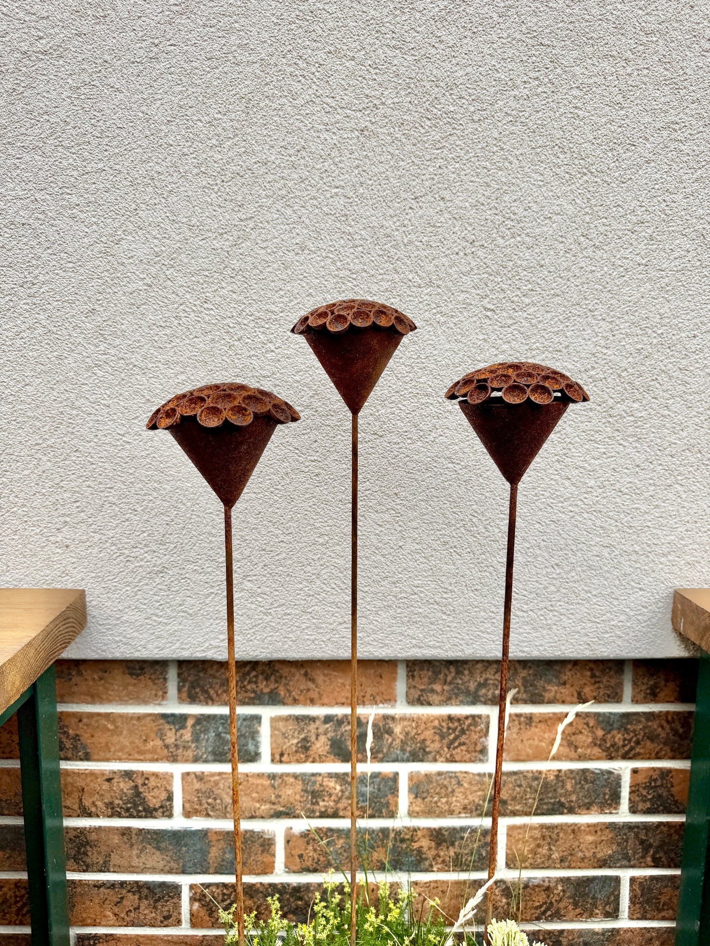 Set of 3 Rusty Metal Exotic Flowers - Sculptural Garden Stakes and Unique Yard Art