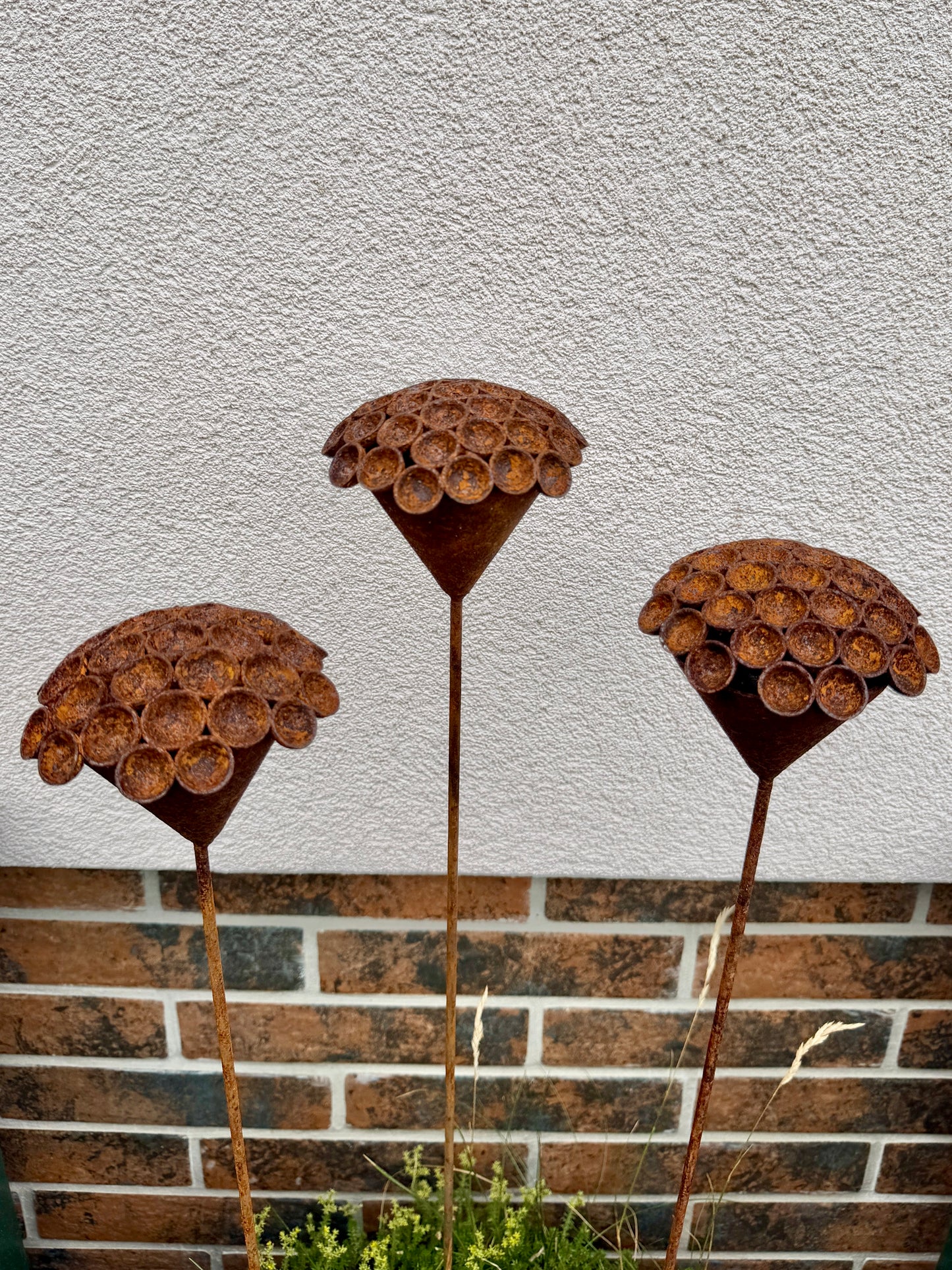 Set of 3 Rusty Metal Exotic Flowers - Sculptural Garden Stakes and Unique Yard Art