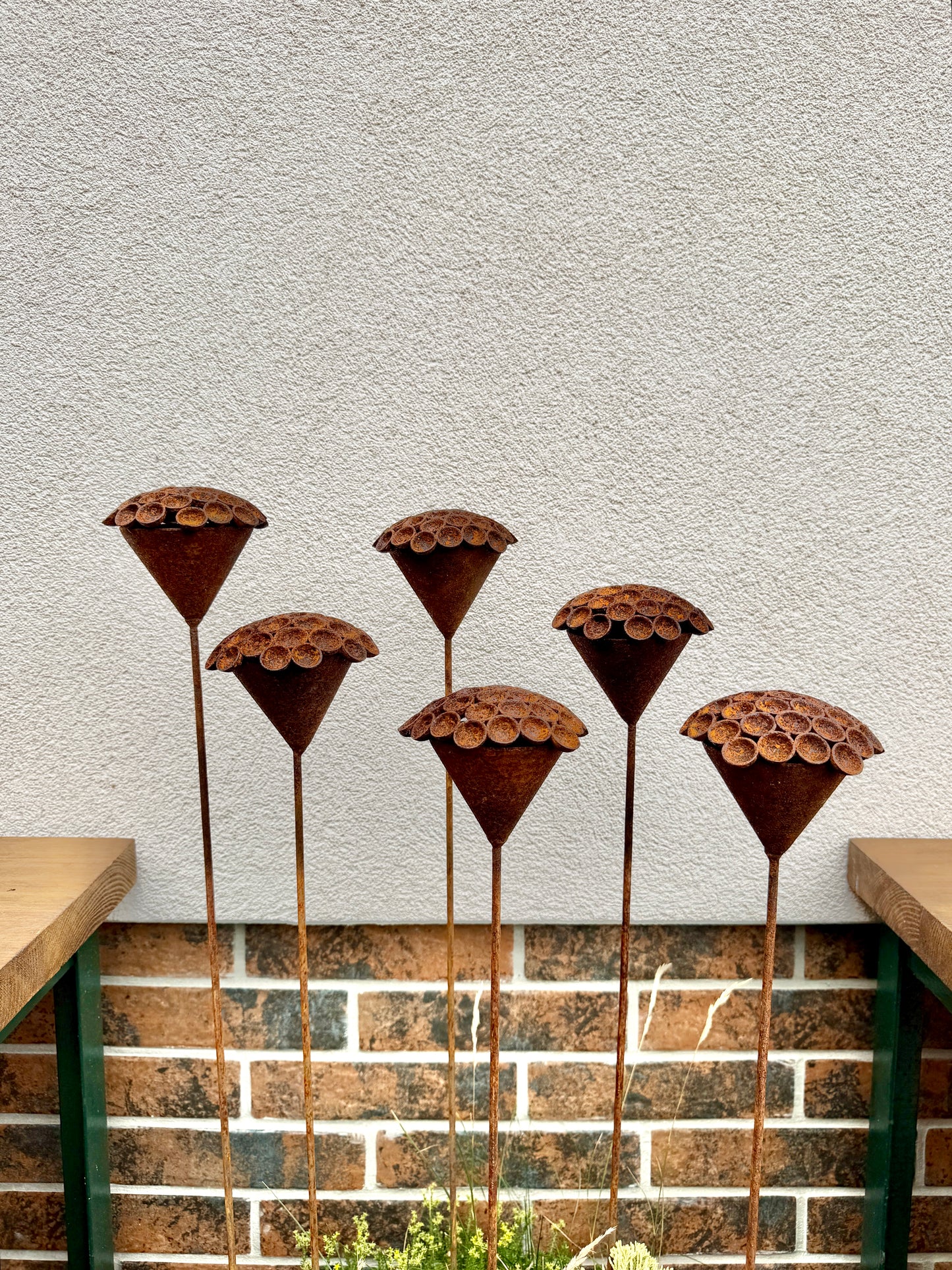 Set of 6 Rusty Metal Flowers - Sculptural Garden Stakes and Unique Yard Art
