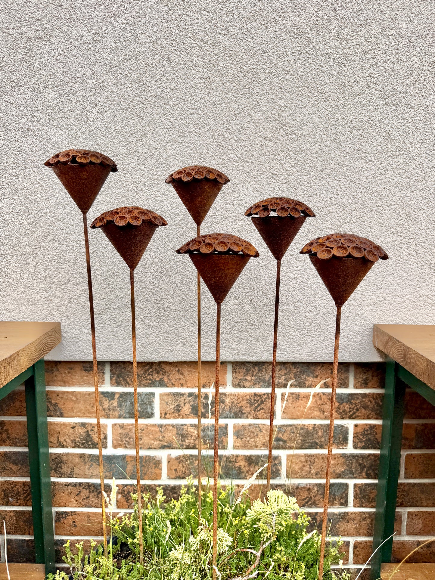 Set of 6 Rusty Metal Flowers - Sculptural Garden Stakes and Unique Yard Art