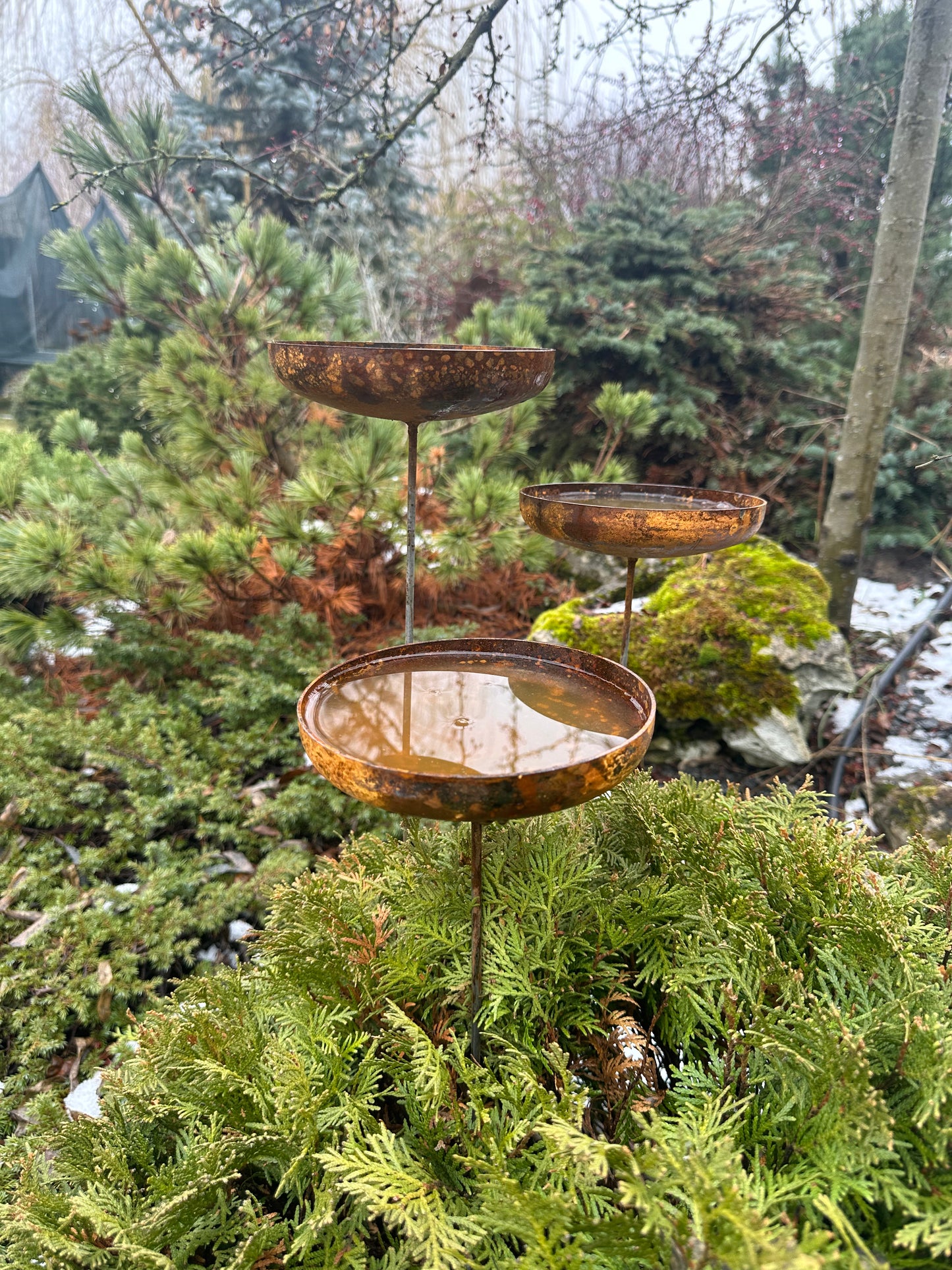 Rusty flower garden stakes, Three 6” Metal rain catchers, Bird bath outdoor garden decor