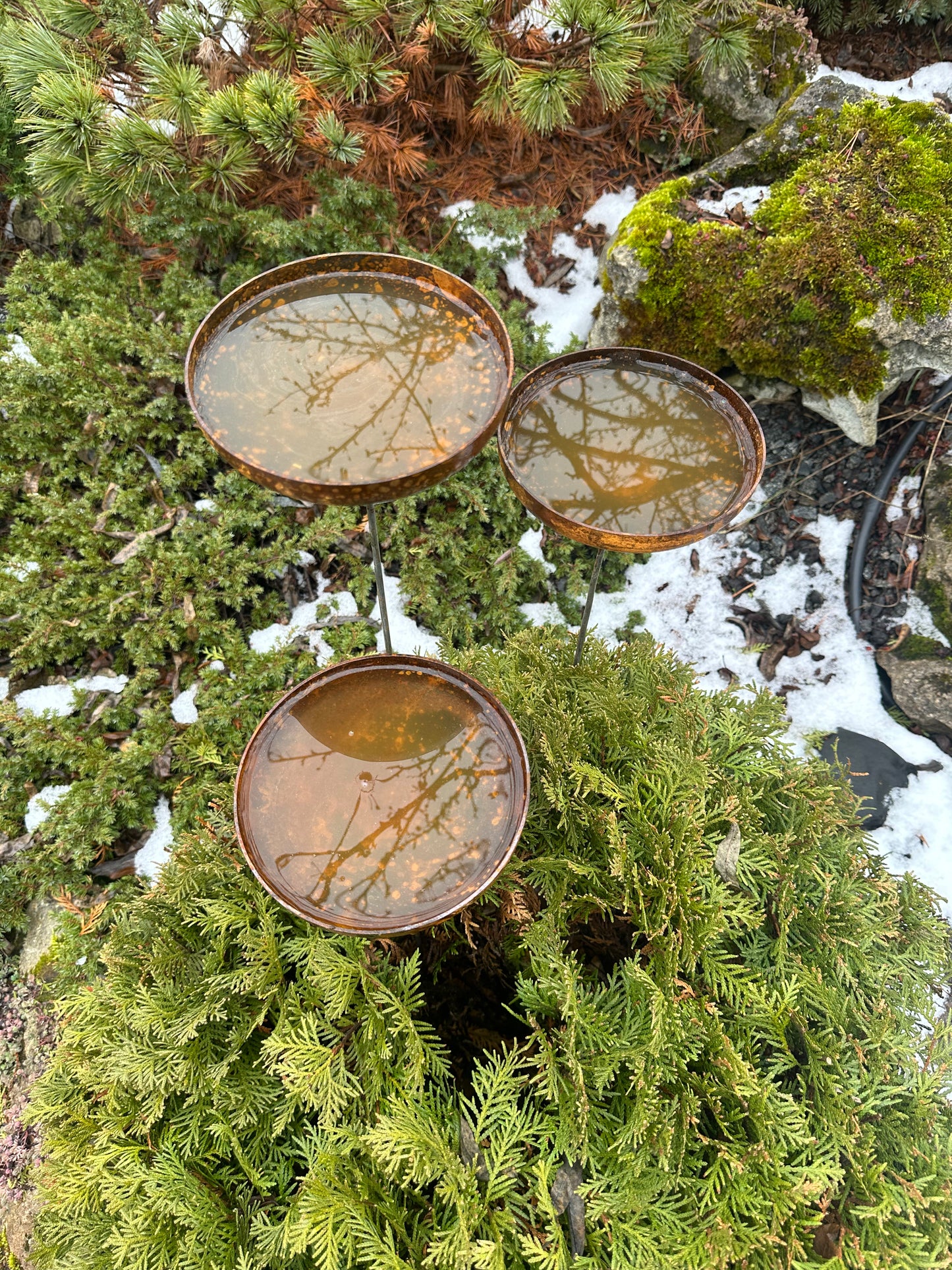 Rusty flower garden stakes, Three 6” Metal rain catchers, Bird bath outdoor garden decor