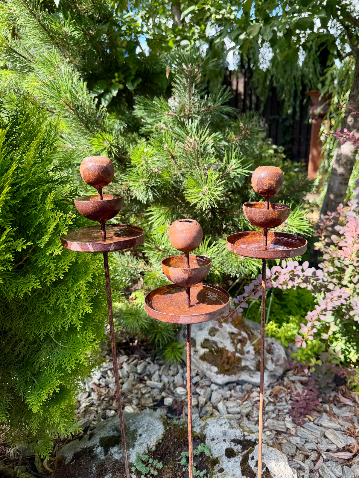 Metal Rain Catchers & Bee Cups: Butterfly Feeder, Water Station & Rusty Flower Garden Stakes