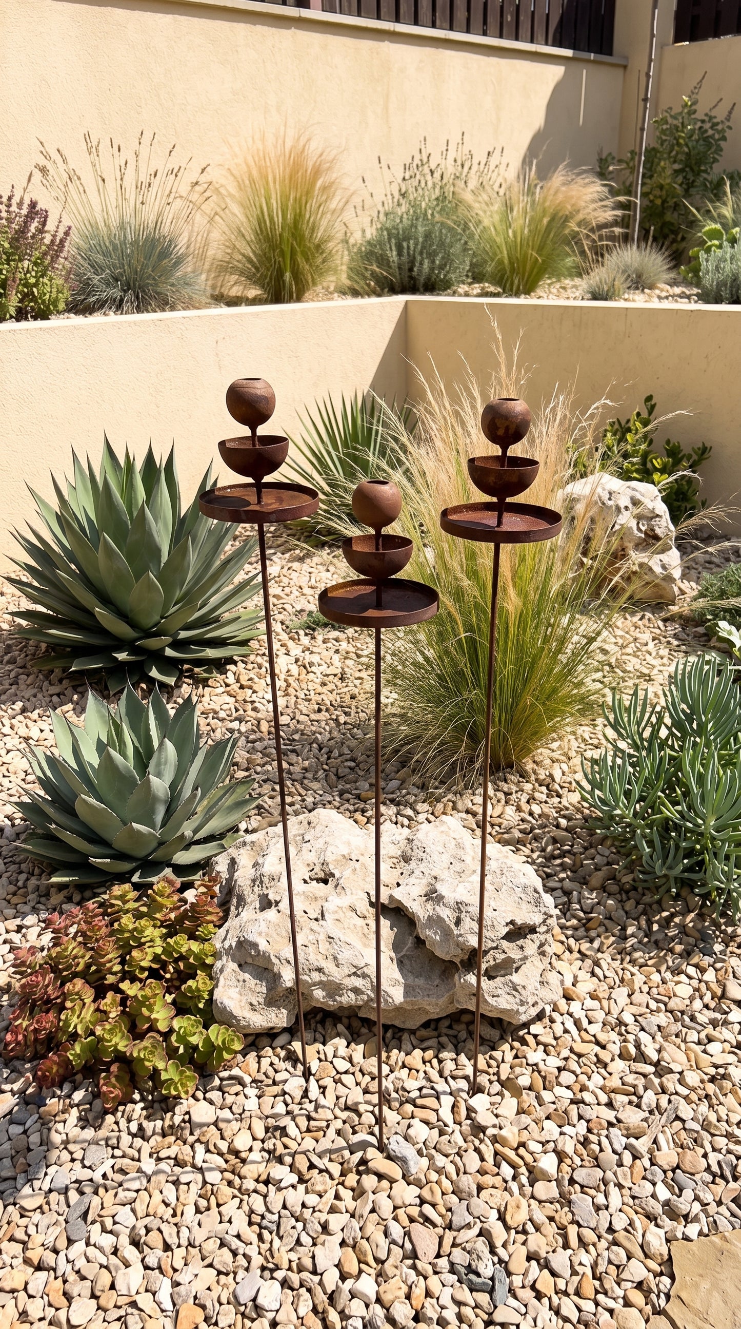 Metal Rain Catchers & Bee Cups: Butterfly Feeder, Water Station & Rusty Flower Garden Stakes