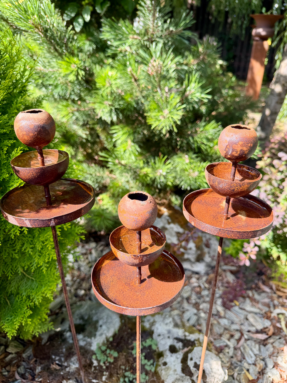 Metal Rain Catchers & Bee Cups: Butterfly Feeder, Water Station & Rusty Flower Garden Stakes