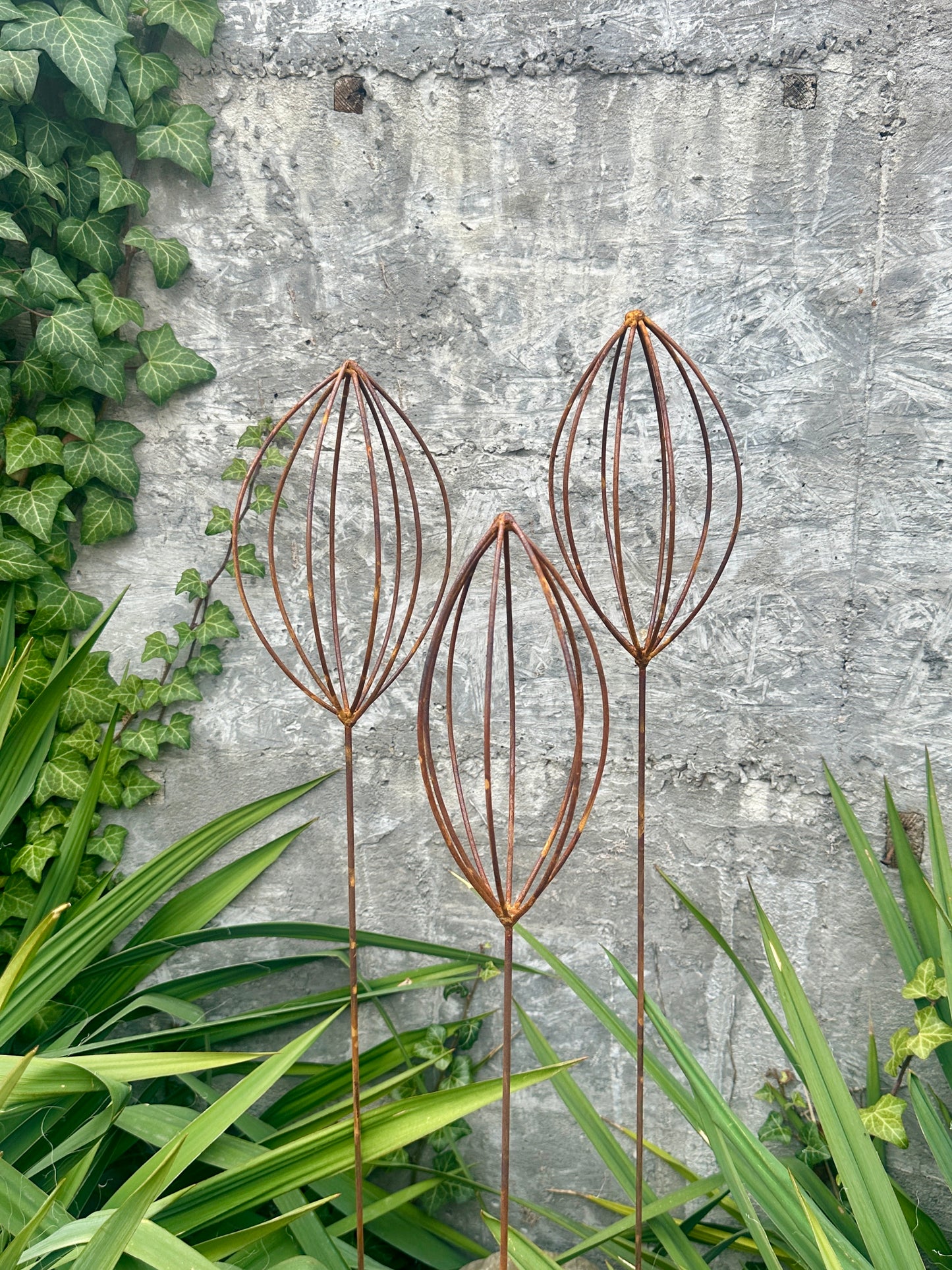 Rusty Finials Set of 3, Garden Stakes, Metal Garden Decor, Metal Yard Art, Outdoor Metal Accents, Rustic Metal Ornaments, Garden Sculpture