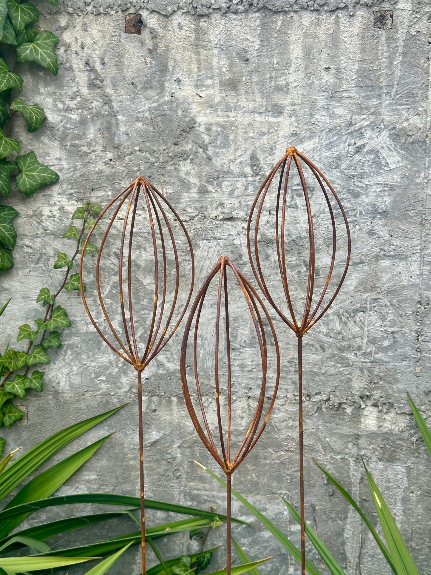 Rusty Finials Set of 3, Garden Stakes, Metal Garden Decor, Metal Yard Art, Outdoor Metal Accents, Rustic Metal Ornaments, Garden Sculpture