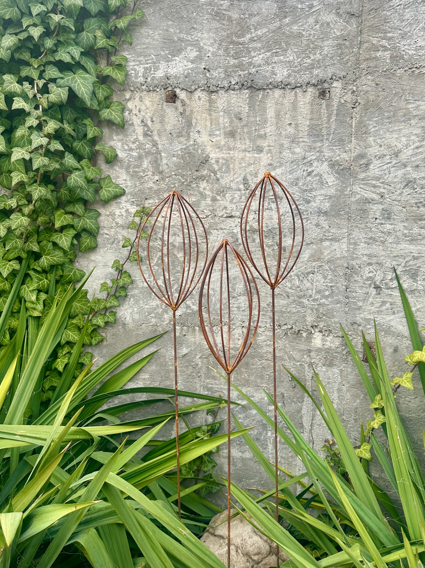 Rusty Finials Set of 3, Garden Stakes, Metal Garden Decor, Metal Yard Art, Outdoor Metal Accents, Rustic Metal Ornaments, Garden Sculpture