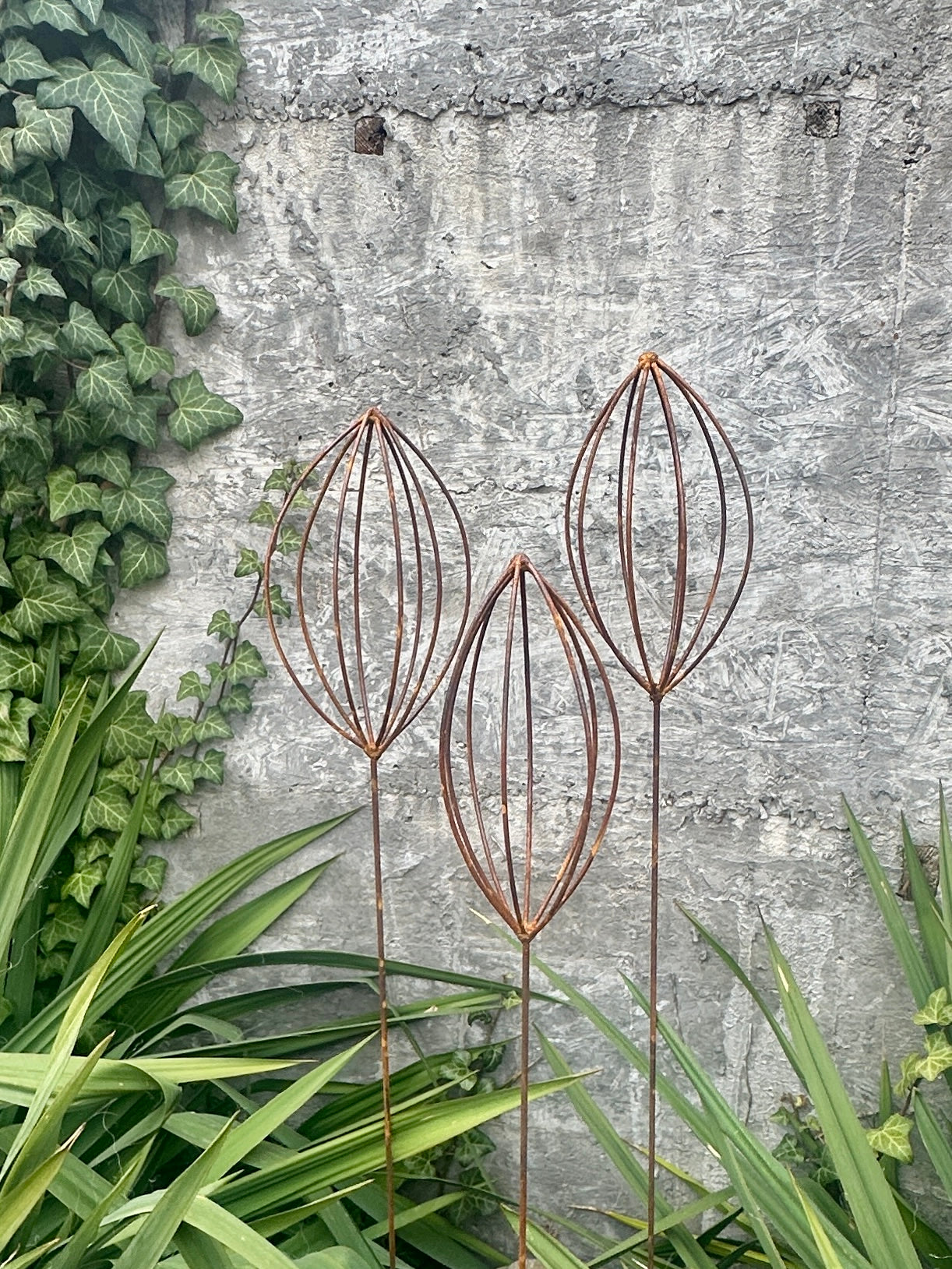 Rusty Finials Set of 3, Garden Stakes, Metal Garden Decor, Metal Yard Art, Outdoor Metal Accents, Rustic Metal Ornaments, Garden Sculpture