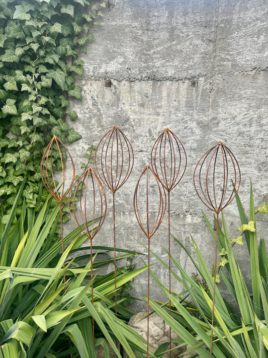 Rusty Finials Set of 6, Garden Stakes, Metal Garden Decor, Metal Yard Art, Outdoor Metal Accents, Rustic Metal Ornaments, Garden Sculpture