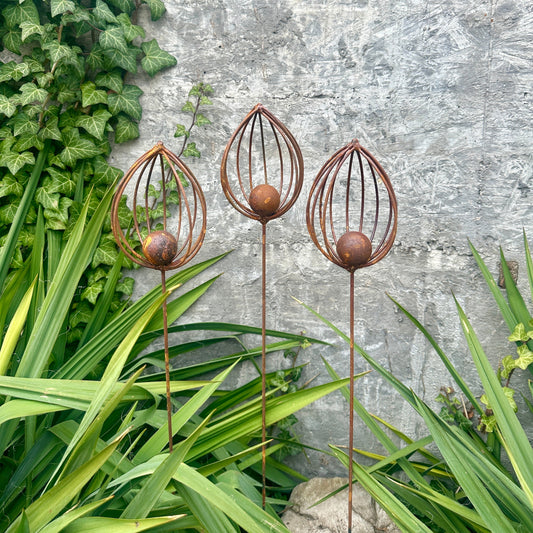 Rusty Finials Set of 3, Rustic Metal Garden Stakes, Outdoor Yard Art, Weathered Metal Ornaments, Unique Garden Sculpture and Decor