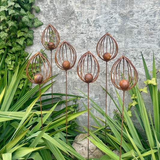 Rusty Finials Set of 6, Rustic Metal Garden Stakes, Outdoor Yard Art, Weathered Metal Ornaments, Unique Garden Sculpture and Decor