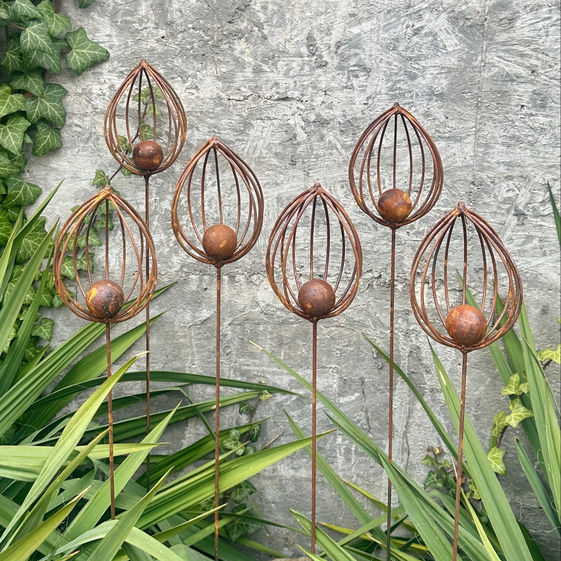 Rusty Finials Set of 6, Rustic Metal Garden Stakes, Outdoor Yard Art, Weathered Metal Ornaments, Unique Garden Sculpture and Decor