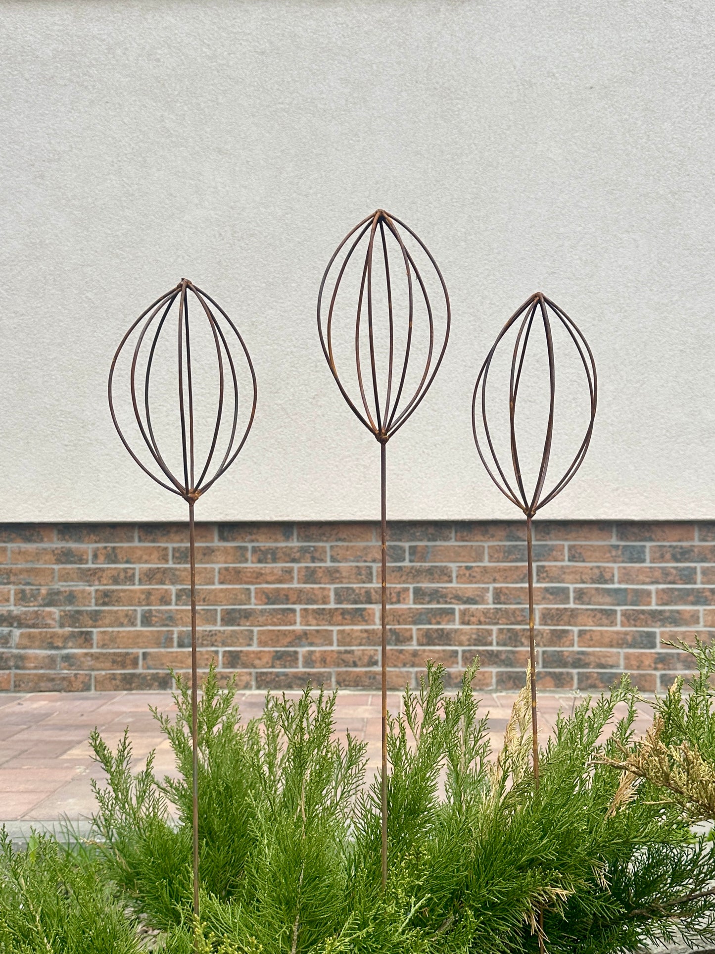 Rusty Finials Set of 3, Garden Stakes, Metal Garden Decor, Metal Yard Art, Outdoor Metal Accents, Rustic Metal Ornaments, Garden Sculpture