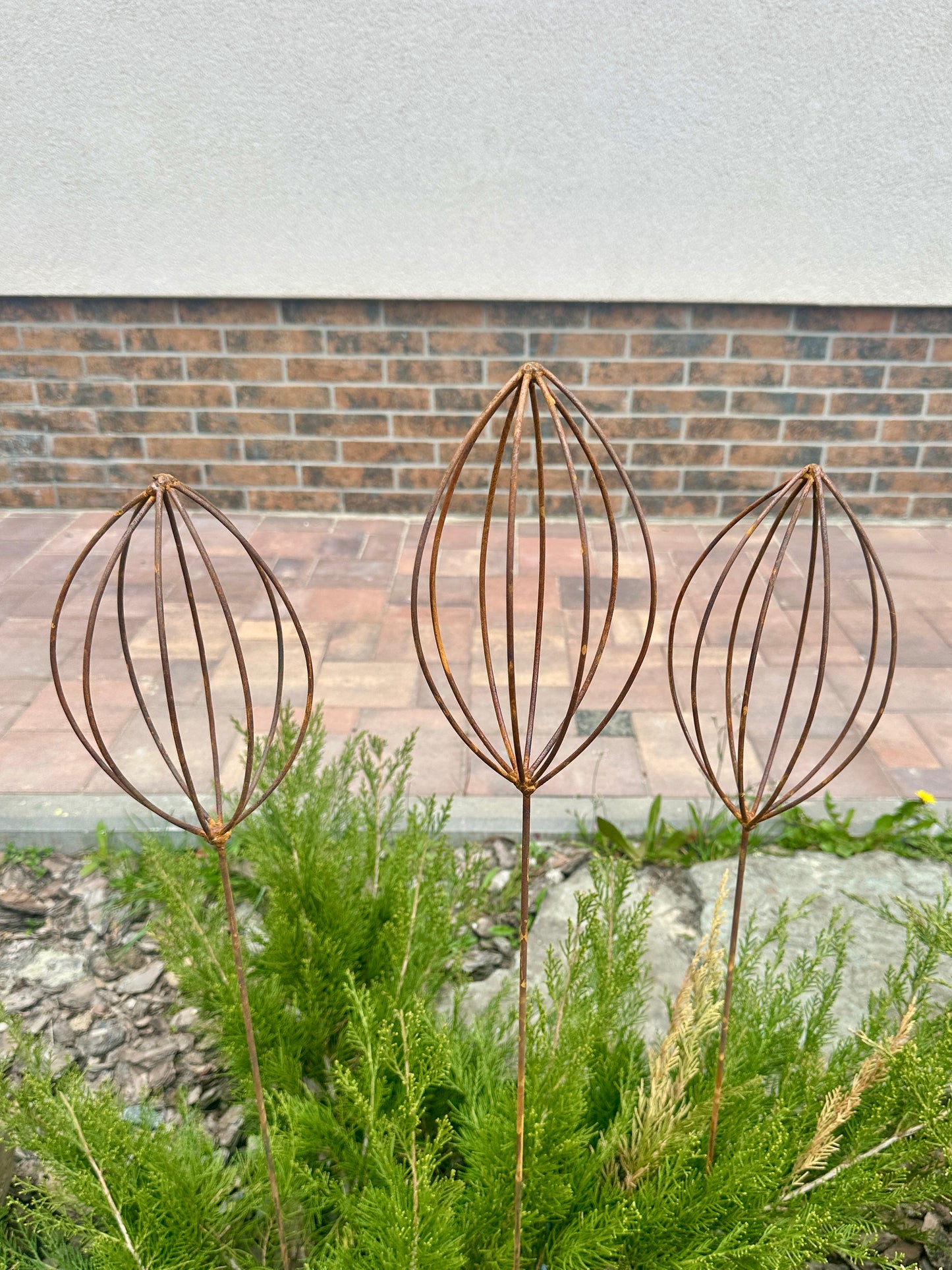Rusty Finials Set of 3, Garden Stakes, Metal Garden Decor, Metal Yard Art, Outdoor Metal Accents, Rustic Metal Ornaments, Garden Sculpture