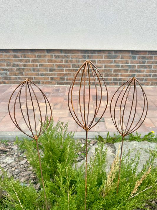 Rusty Finials Set of 3, Garden Stakes, Metal Garden Decor, Metal Yard Art, Outdoor Metal Accents, Rustic Metal Ornaments, Garden Sculpture