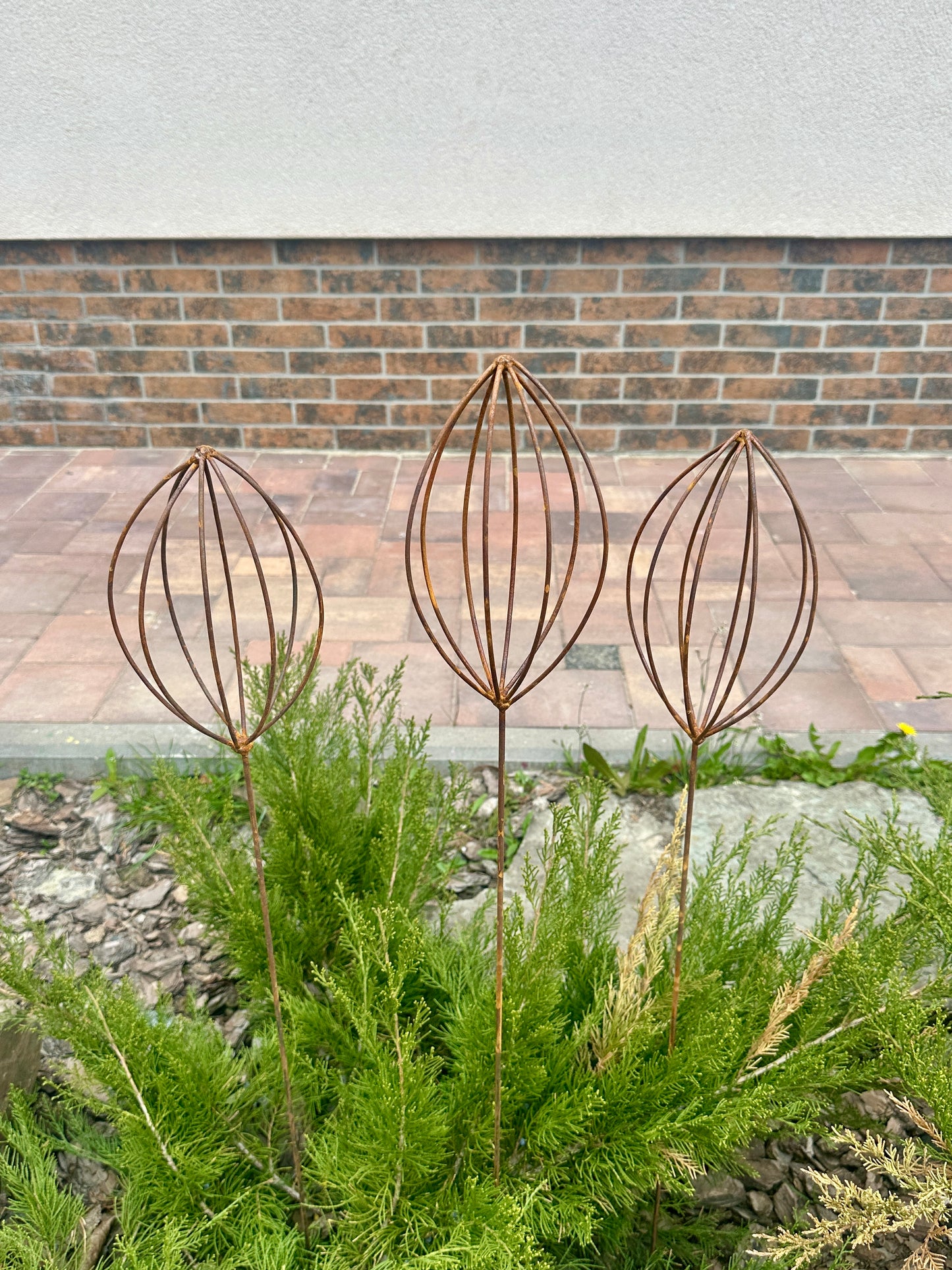 Rusty Finials Set of 3, Garden Stakes, Metal Garden Decor, Metal Yard Art, Outdoor Metal Accents, Rustic Metal Ornaments, Garden Sculpture