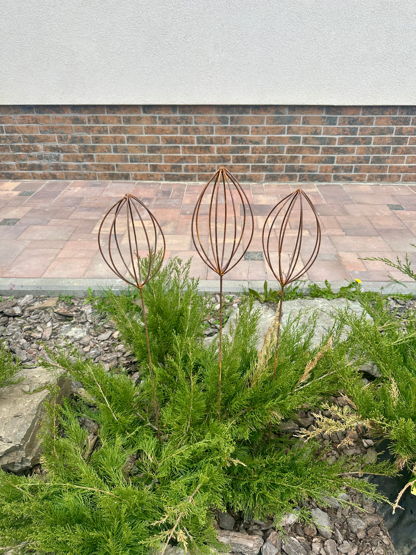 Rusty Finials Set of 3, Garden Stakes, Metal Garden Decor, Metal Yard Art, Outdoor Metal Accents, Rustic Metal Ornaments, Garden Sculpture
