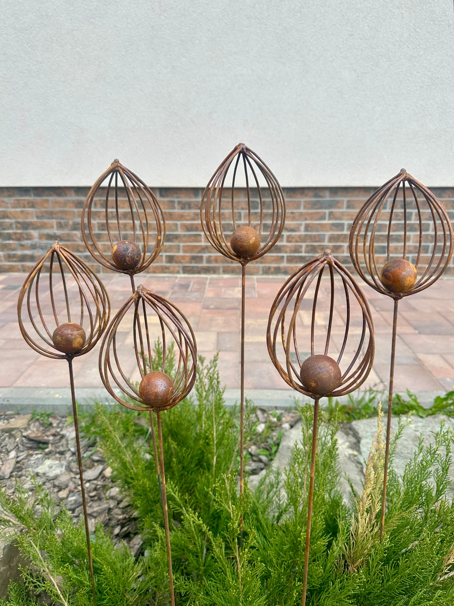 Rusty Finials Set of 6, Rustic Metal Garden Stakes, Outdoor Yard Art, Weathered Metal Ornaments, Unique Garden Sculpture and Decor