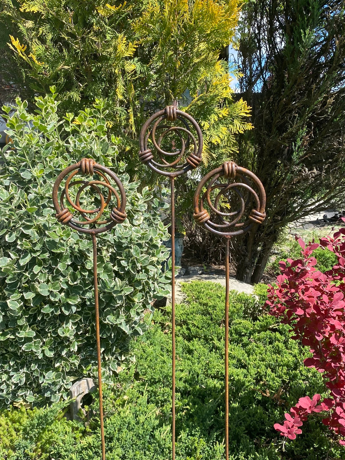 Set of 3 Rustic Metal Garden Finials, Metal stakes, Metal garden decor, Outdoor garden space, Yard Art