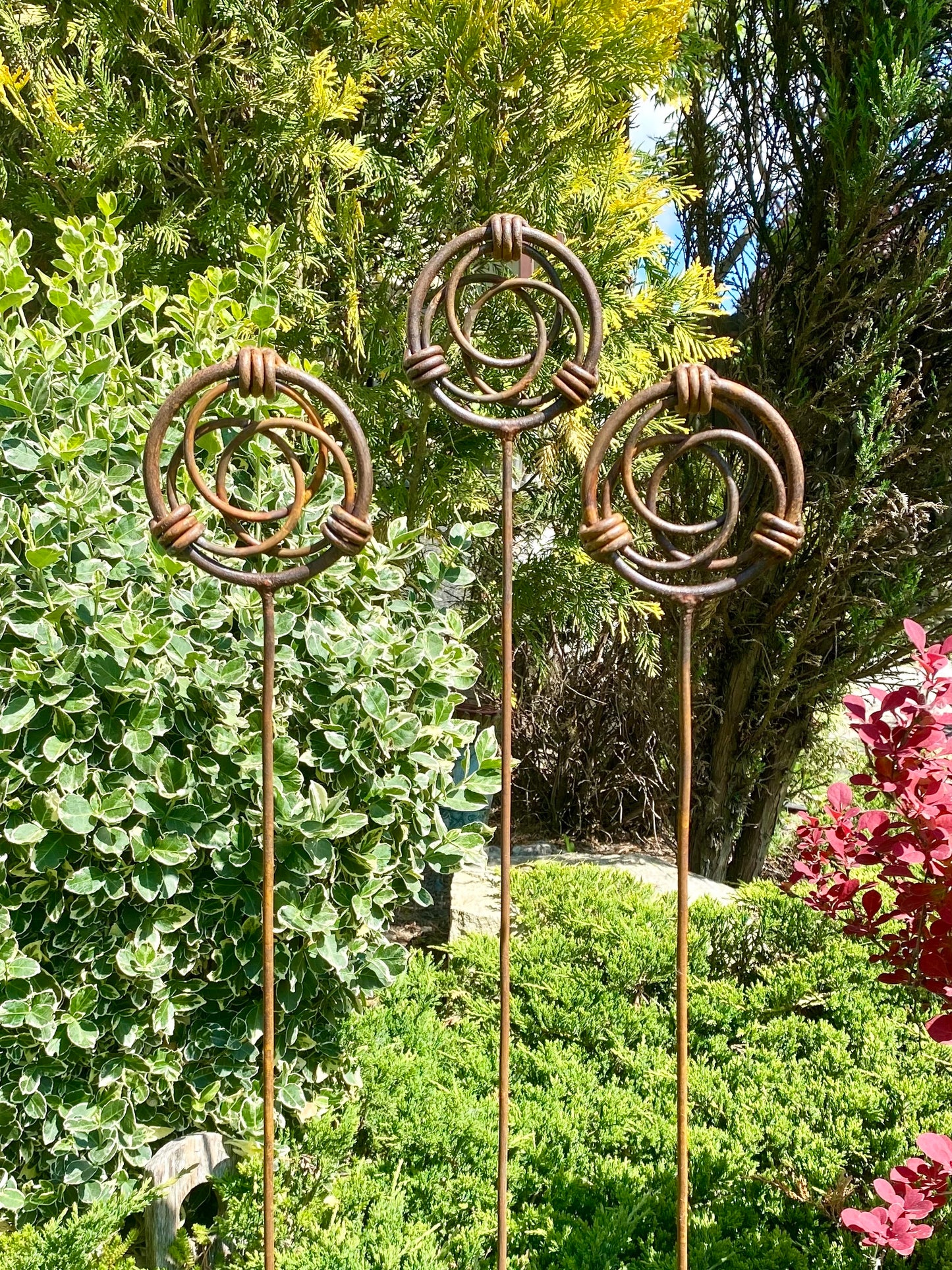 Set of 3 Rustic Metal Garden Finials, Metal stakes, Metal garden decor, Outdoor garden space, Yard Art