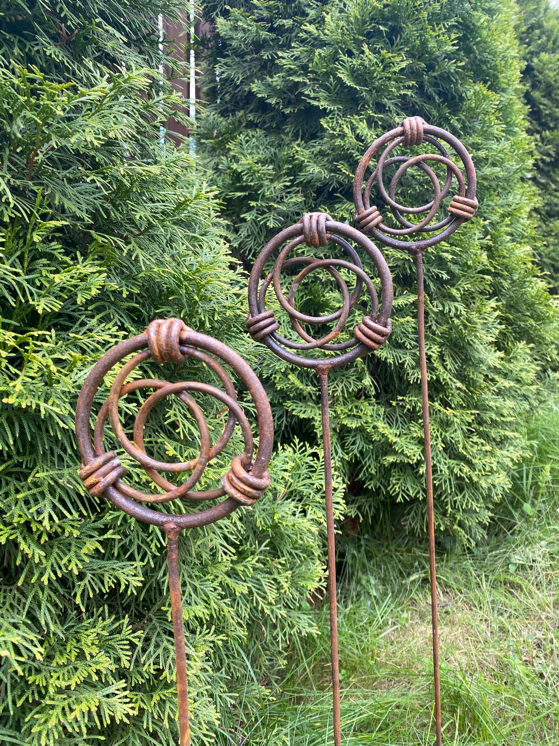 Set of 3 Rustic Metal Garden Finials, Metal stakes, Metal garden decor, Outdoor garden space, Yard Art