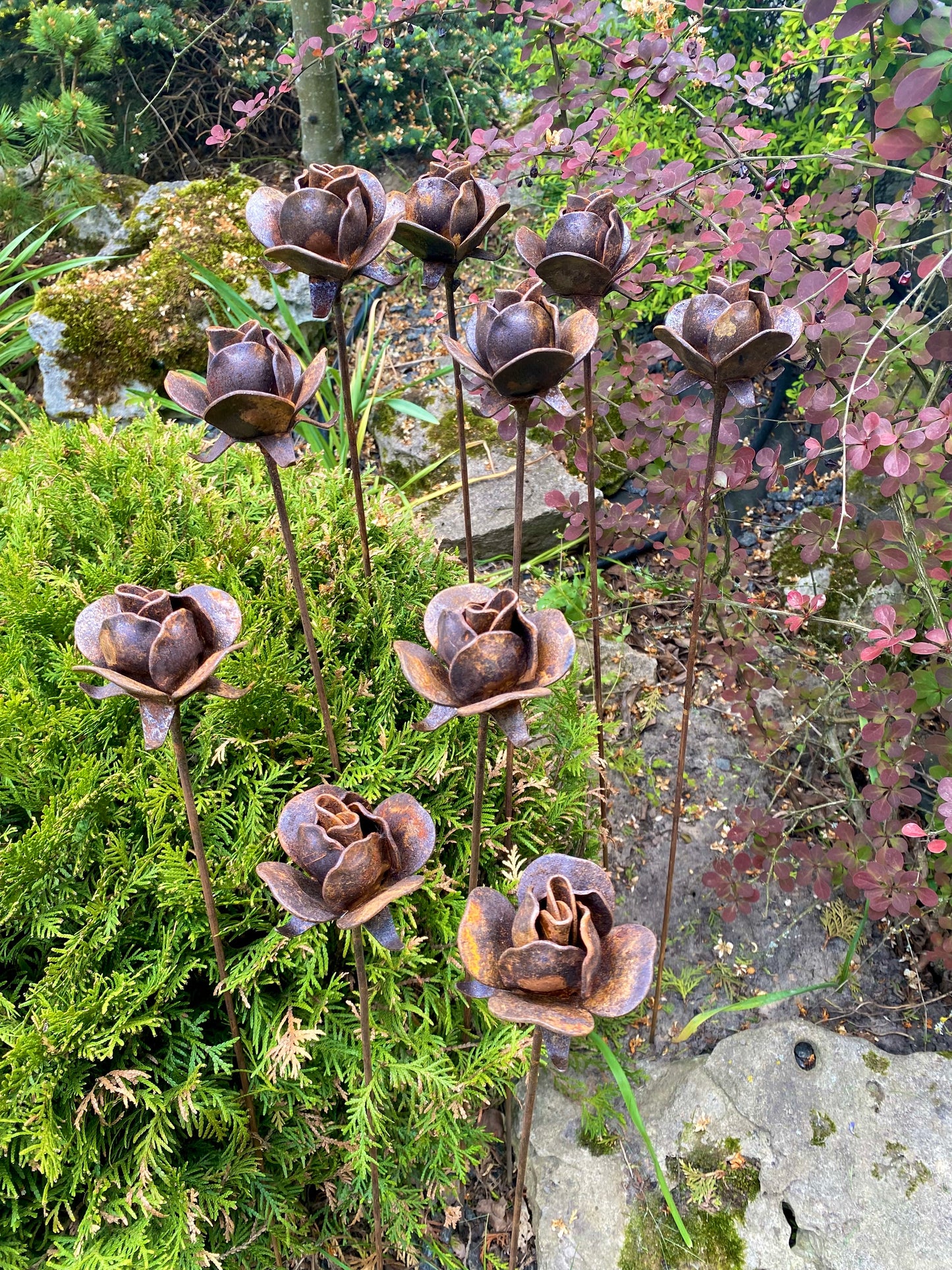 10 Metal flowers, Flower garden stakes, Metal rusty decor, metal yard art, Outdoor decor, Outdoor art, Bush Rose, Garden stakes, Garden art