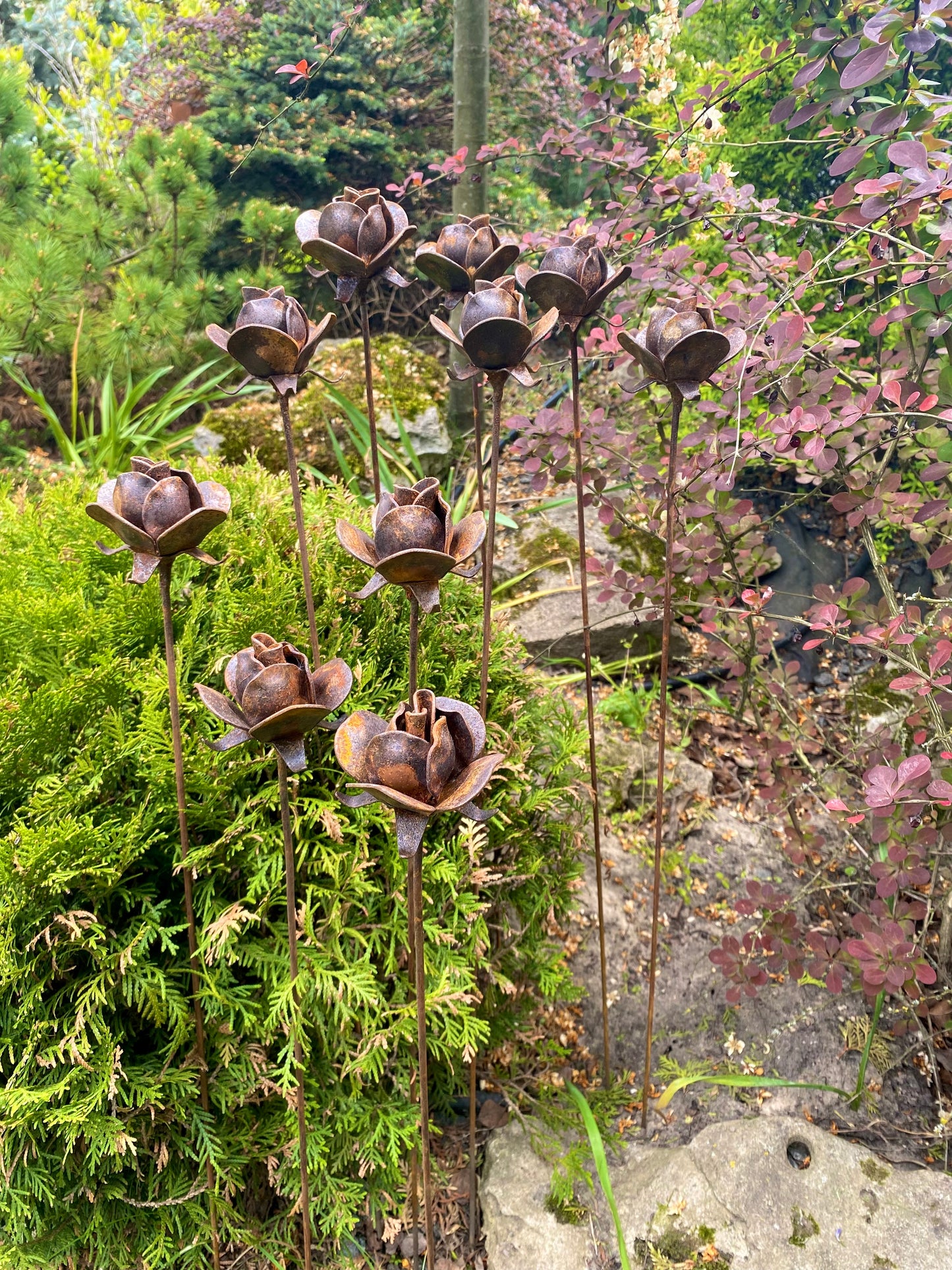 10 Metal flowers, Flower garden stakes, Metal rusty decor, metal yard art, Outdoor decor, Outdoor art, Bush Rose, Garden stakes, Garden art