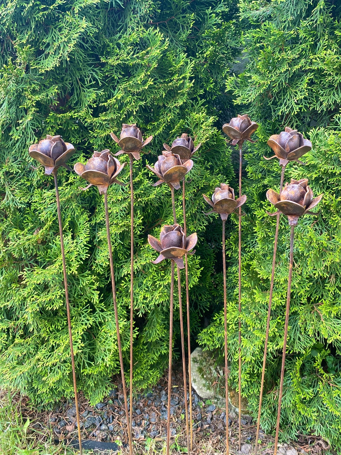 10 Metal flowers, Flower garden stakes, Metal rusty decor, metal yard art, Outdoor decor, Outdoor art, Bush Rose, Garden stakes, Garden art