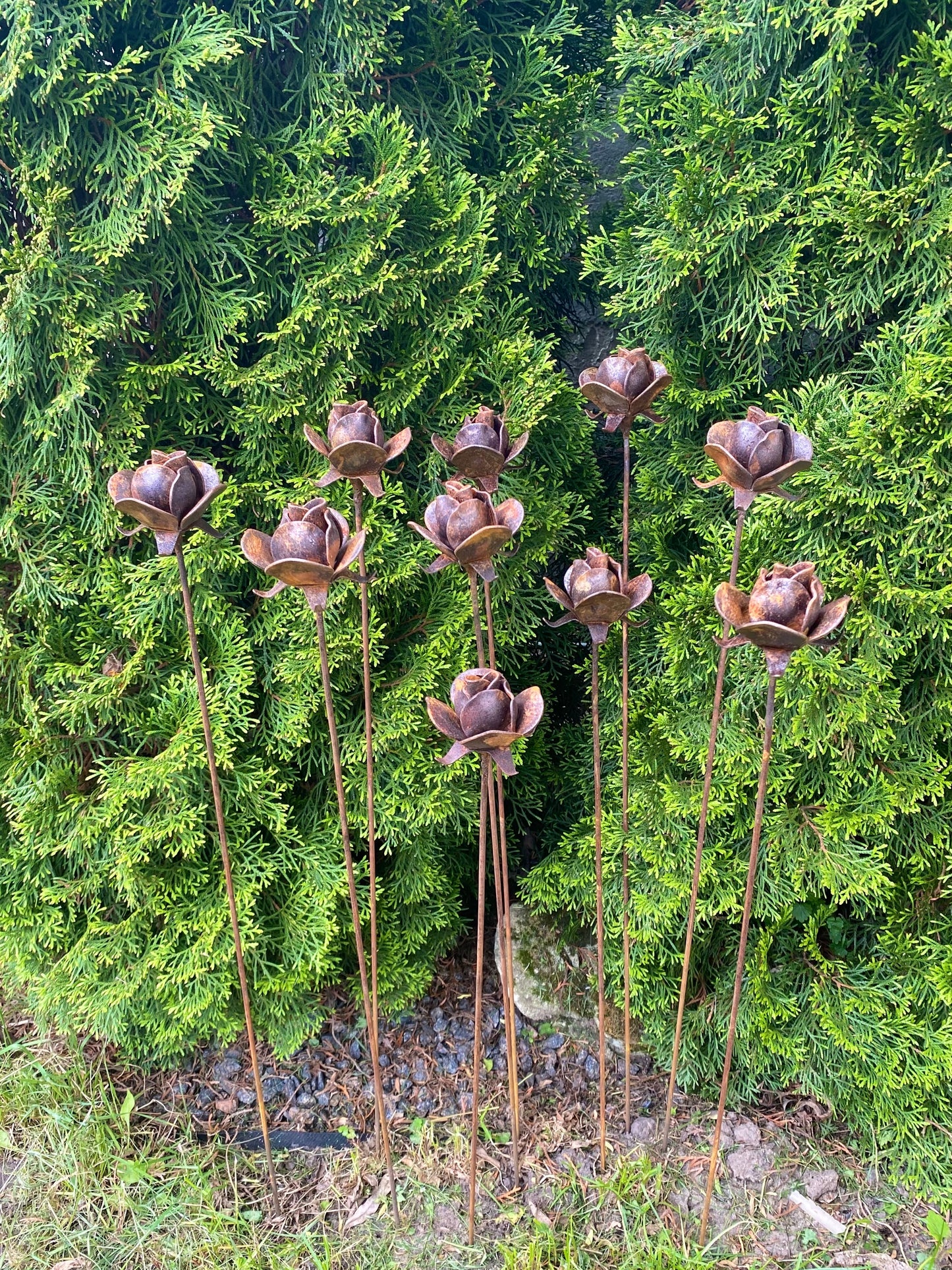 10 Metal flowers, Flower garden stakes, Metal rusty decor, metal yard art, Outdoor decor, Outdoor art, Bush Rose, Garden stakes, Garden art