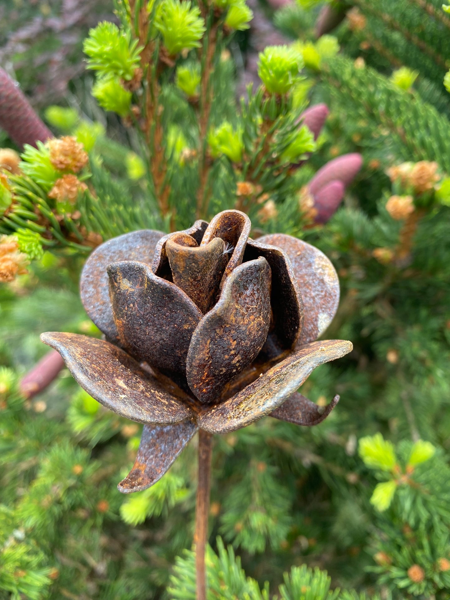 10 Metal flowers, Flower garden stakes, Metal rusty decor, metal yard art, Outdoor decor, Outdoor art, Bush Rose, Garden stakes, Garden art