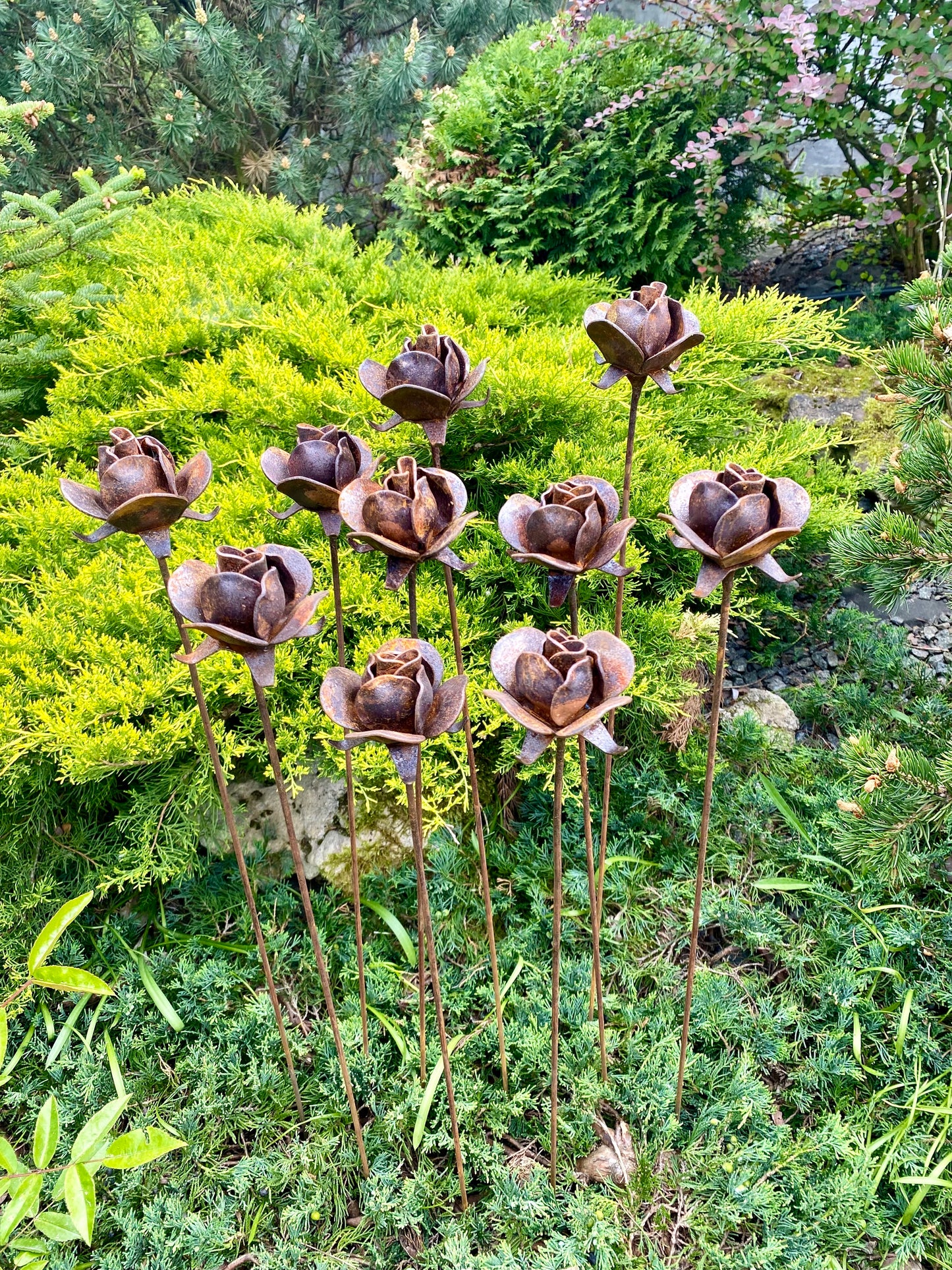 10 Metal flowers, Flower garden stakes, Metal rusty decor, metal yard art, Outdoor decor, Outdoor art, Bush Rose, Garden stakes, Garden art